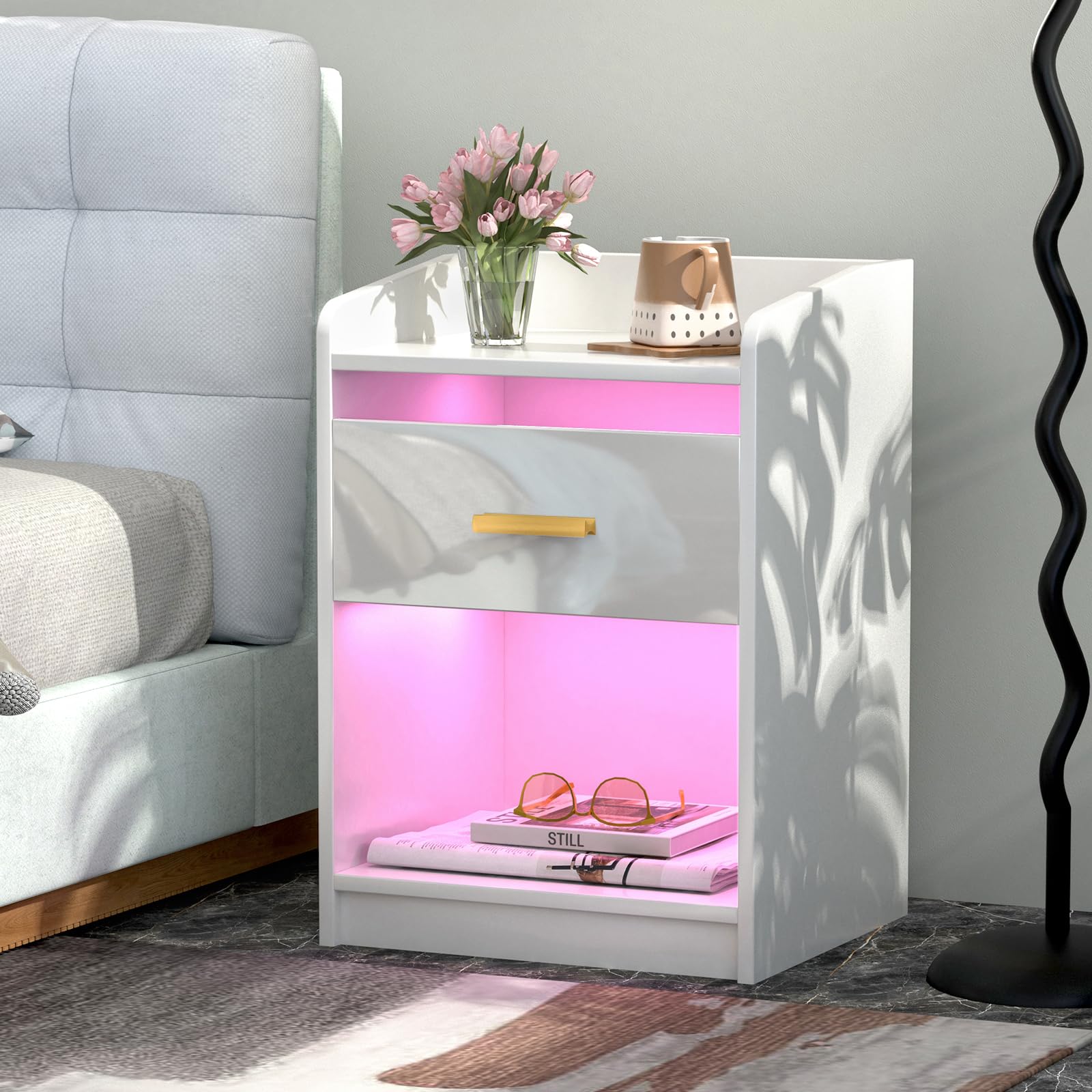 PIPIPOXER Table de Chevet LED avec 1 Tiroirs, Table de Nuit Blanche Haute Brillance, 16 Couleurs Lumières LED, 4 Modes de Luminosité pour Chambre à Coucher, 40x35x58cm, Blanc
