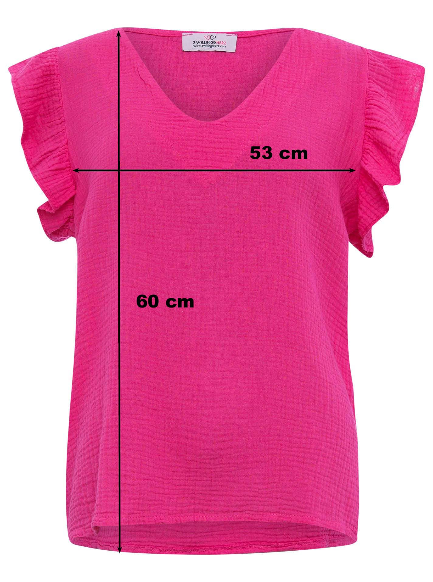 Zwillingsherz Musselin Bluse aus 100% Baumwolle mit V-Ausschnitt & Rüschen – Hochwertige Tunika Oberteile für Damen Frauen Mädchen - Kurzarmshirt Top Shirt - Locker luftig perfekt für Frühling Sommer