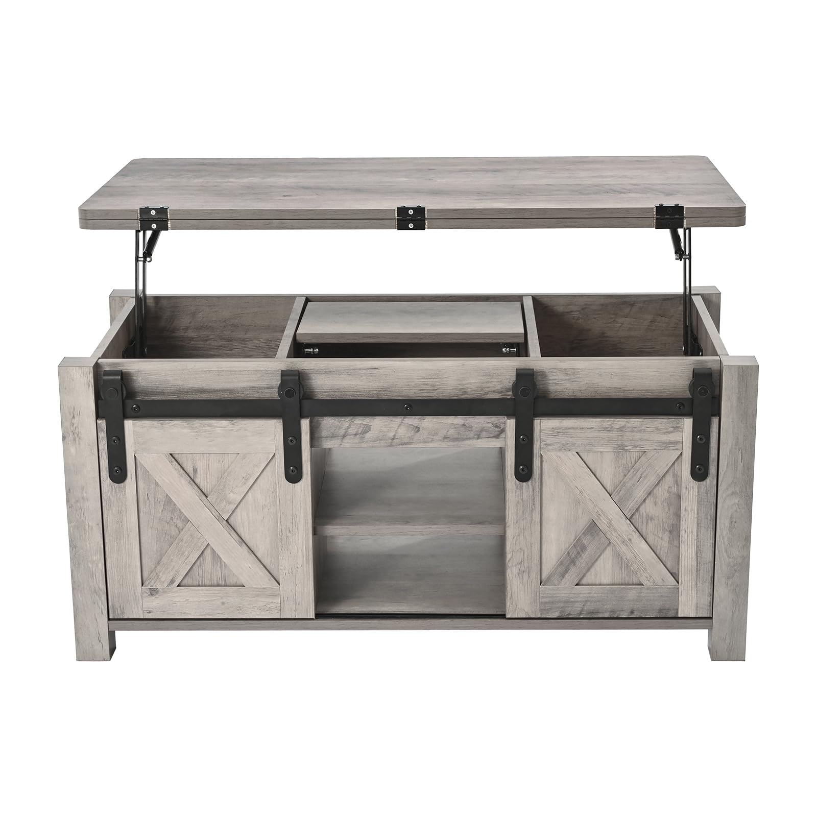 VEVOR Mesa de Centro Elevable 100 cm, Mesa de Café con Puerta Estilo Granero y Compartimento de Almacenamiento Oculto, Mesita de Salón o Comedor de Madera para Salón, Oficina, Hogar, Roble Rústico