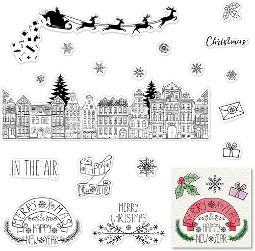 Miniatura 6 de Sellos decorativos de silicona transparente con texto en inglés "Merry Christmas", diseño de bosque, árbol de Navidad, sellos de goma transparente