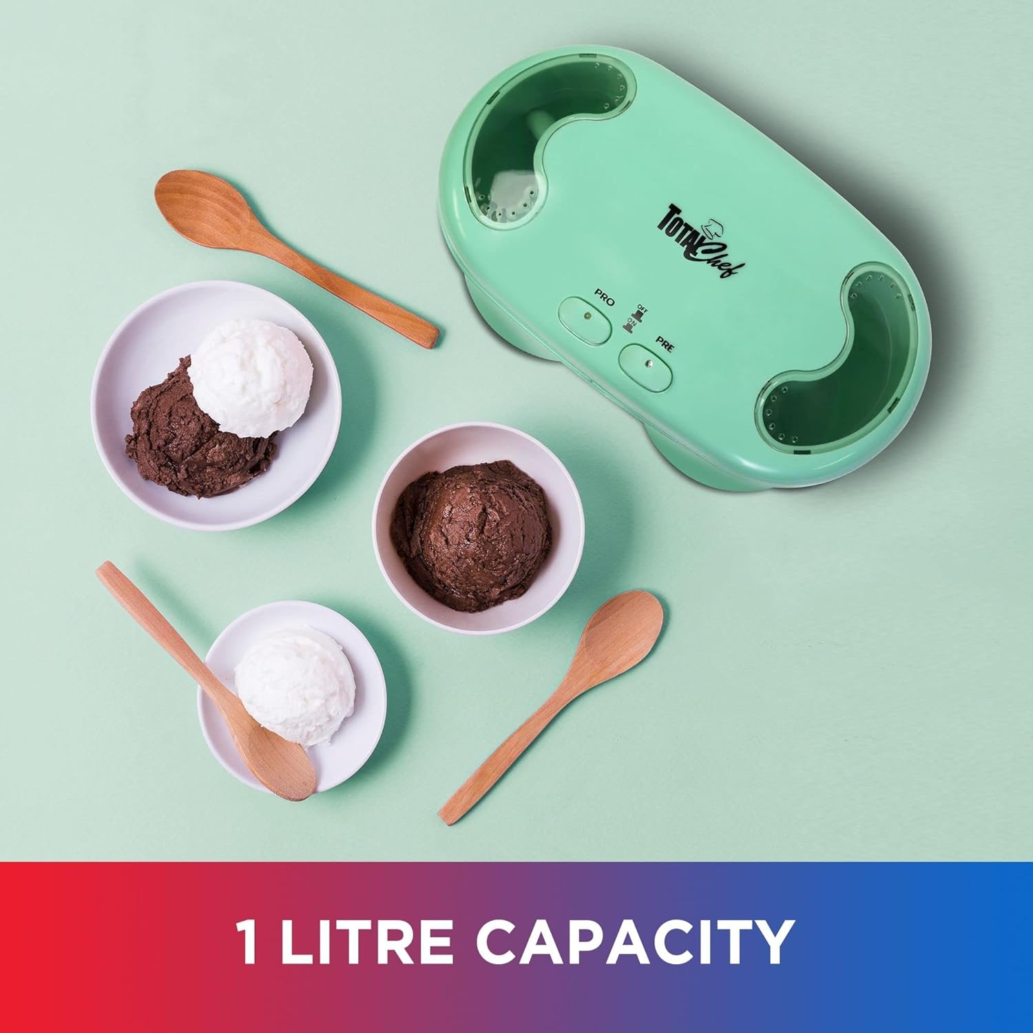 Koolatron Total Chef Deluxe Double Treat Ice Cream Maker, 1 Litre Capacity, 2 Flavors at Once, Make Homemade Ice Cream, Gelato, Fresh Fruit Sorbet in Your Home Freezer, FT04, Blue, Small