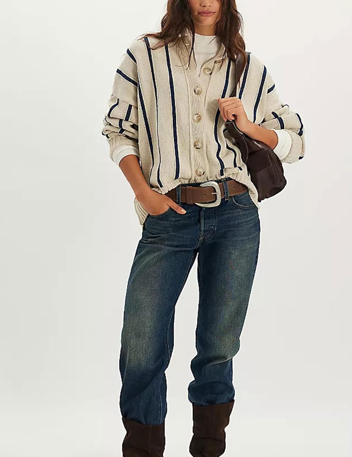 Bozanly Women's Striped Cardigan Sweaters Casual Long Sleeve Open Front Button Up Knit Outerwear Tops - Image 2