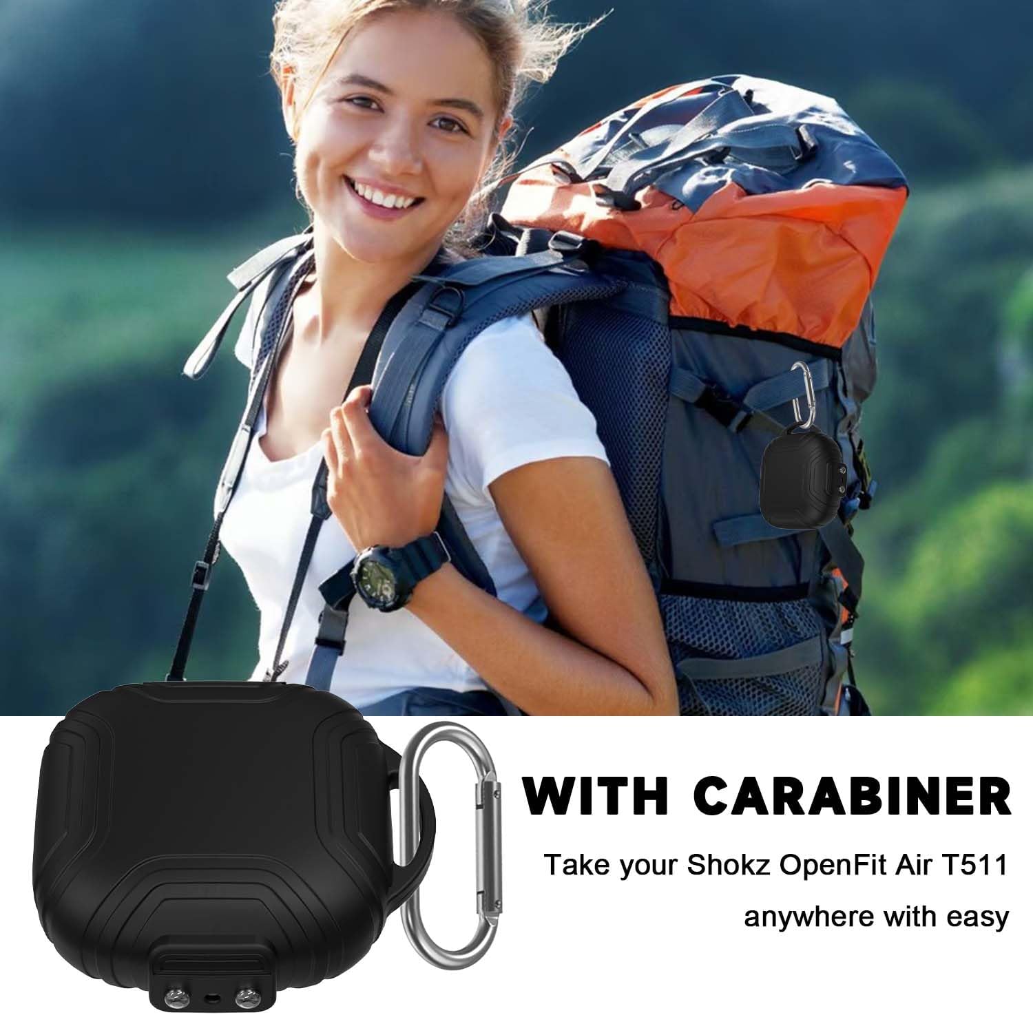 [Secure Lock] Case for Shokz OpenFit Air T511 Open-Ear Headphones, Silicone Anti-Slip Anti-Scratch Protective Cover for Shokz OpenFit Air T511 Case Earbuds Charging Case with Carabiner (Black) - Image 7