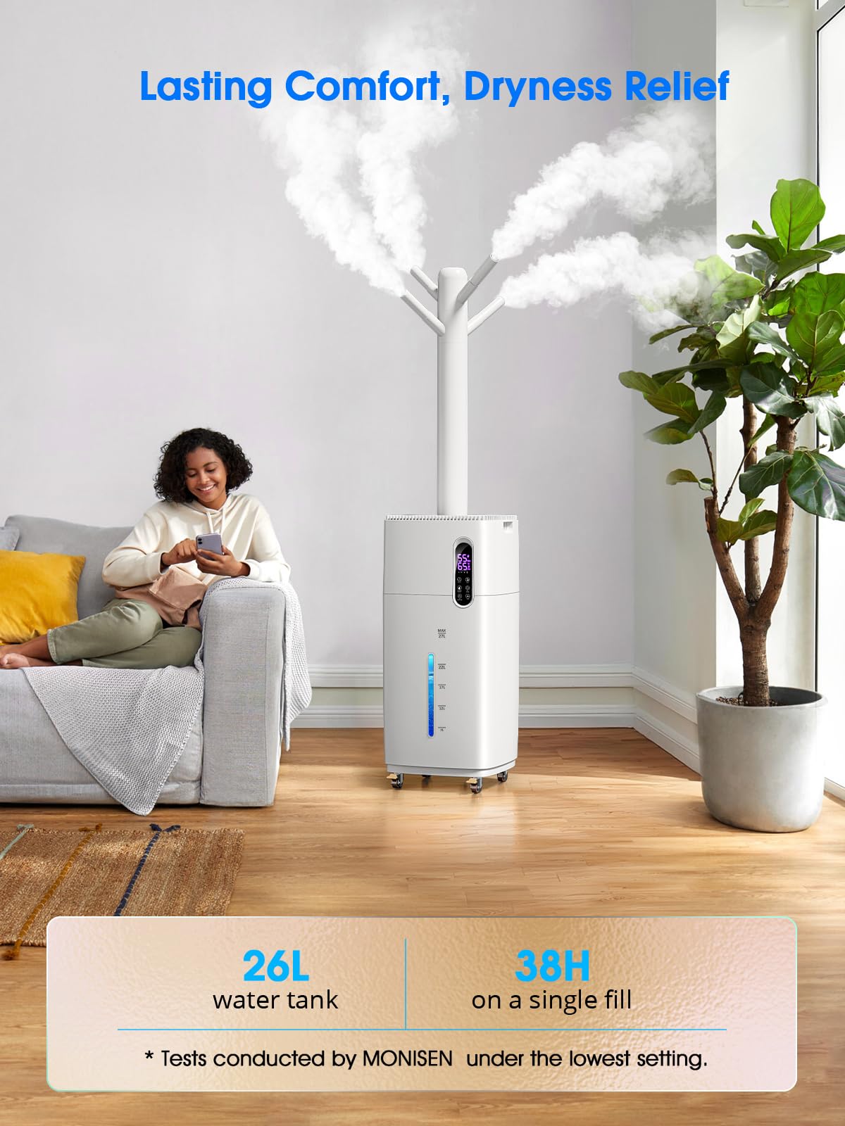 MONISEN 26L/5.7Gal Humidifier Large Room 3000 ft², Supersized Cool Mist, 38H Quiet Humidifiers for Bedroom, 2000mL/h Mist Output, Touch/Remote Control, Humidifiers for Home, Whole House, Plant, White