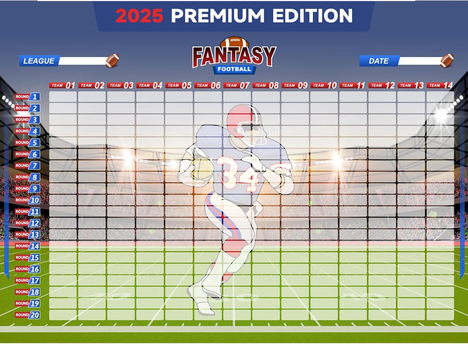 Fantasy Football Draft Board,6 x 4 Feet -Up to 14 Teams & 500+ Player Stickers & Draft Guide