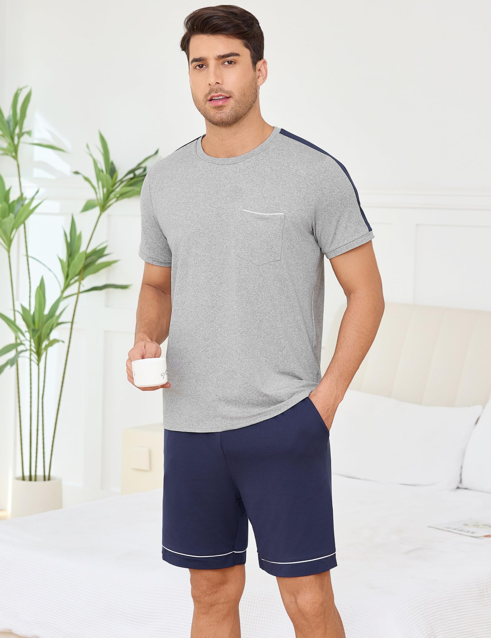 Schlafanzug Herren Kurz Baumwolle Zweiteiliger Pyjama Kurzarm mit Rundhalsausschnitt Schlafanzüge Männer in Kontrastfarbe Nachtwäsche Loungewear Sommer