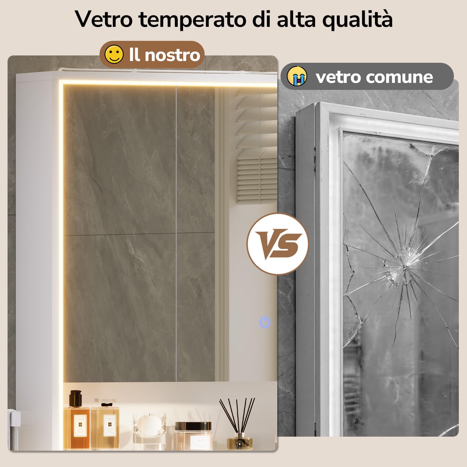 Specchio Bagno Contenitore 100Lx78Hx18P cm – Luce LED Incassata su 3 Lati, Design a 360° per Visione Totale, Touch 3 Luci, Prese, Porta Asciugacapelli e Asciugamani