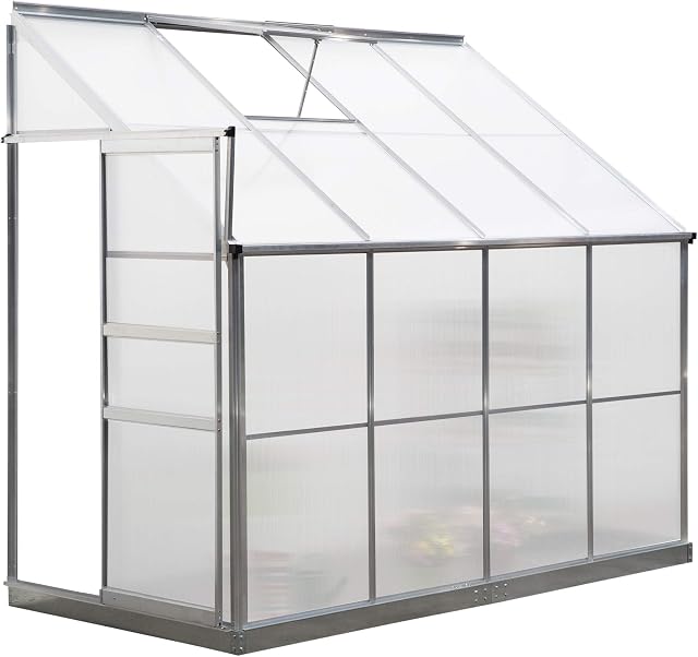 Outsunny Walk-In Lean to Greenhouse Garden Heavy Duty Aluminium Polycarbonate with Roof Vent for Plants Herbs Vegetables, Silver, 8 x 4ft