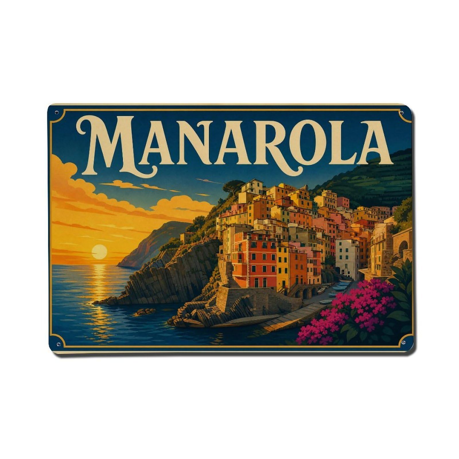 Vintage Travel Manarola Sunset Mediterranean Coast Italy Metal Tin Sign