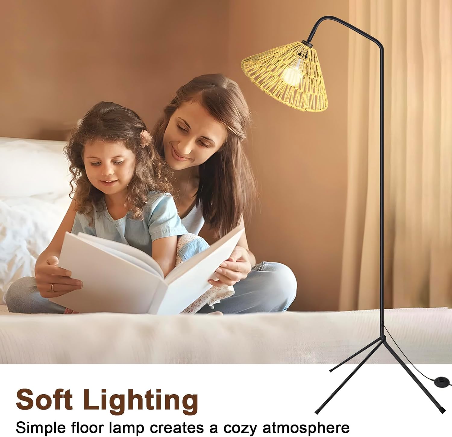 Rattan Floor Lamp, Boho Standing Lamp with 3 Color Temperatures, Black Farmhouse Tall Lamp with 9W LED Bulb, Hand-Woven Adjustable Shade, Foot Switch, Arc Floor Lamps for Living Room