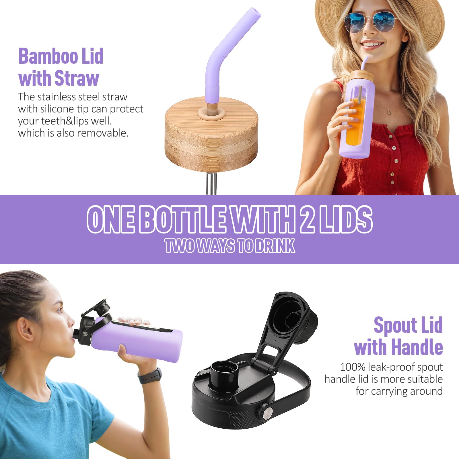 BLUEGO Borraccia in vetro da 600ml con cannuccia e 2 coperchi, tazza da caffè in vetro con custodia in silicone, senza BPA, Viola