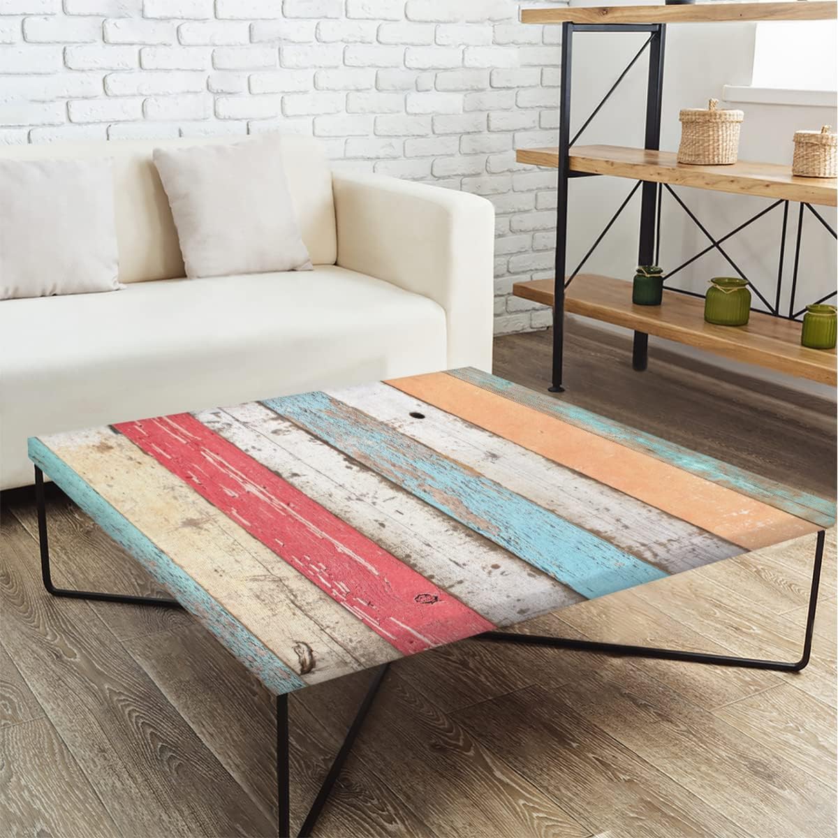 Colorful Beach Wooden Board Square Tablecloth with Elastic Edge, Rainbow Wood Board Fitted Tablecloth Waterproof Wipeable Square Card Table Cover for Dining Kitchen Party Indoor Patio Table 46x46 Inch