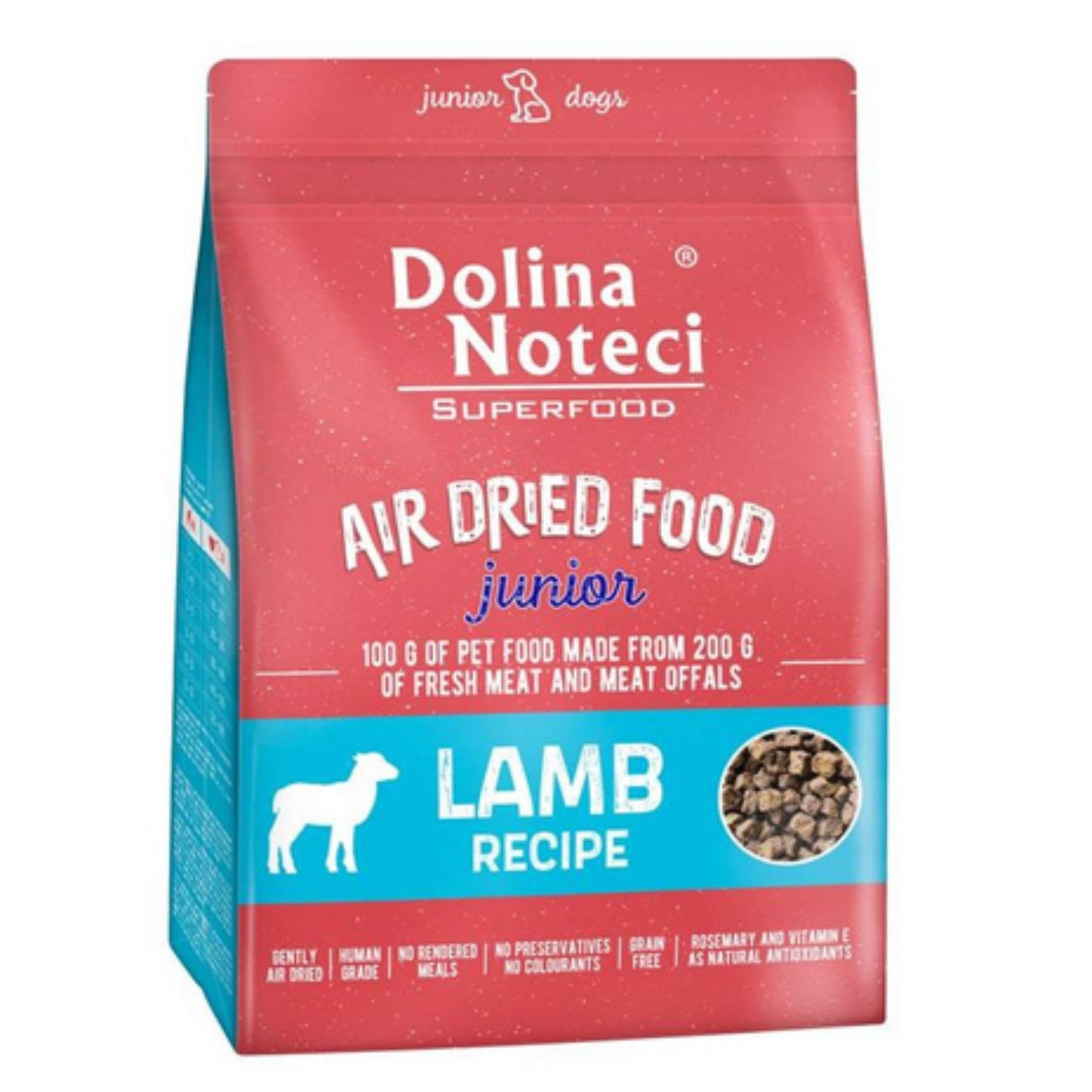 Dolina Noteci Premium Nutrient-Rich, Grain-Free Air Dried Dog Food with 80% Fresh Meat & Superfoods for Optimal Health – Perfect for Junior Dogs of All Breeds! (Lamb, 1kg)