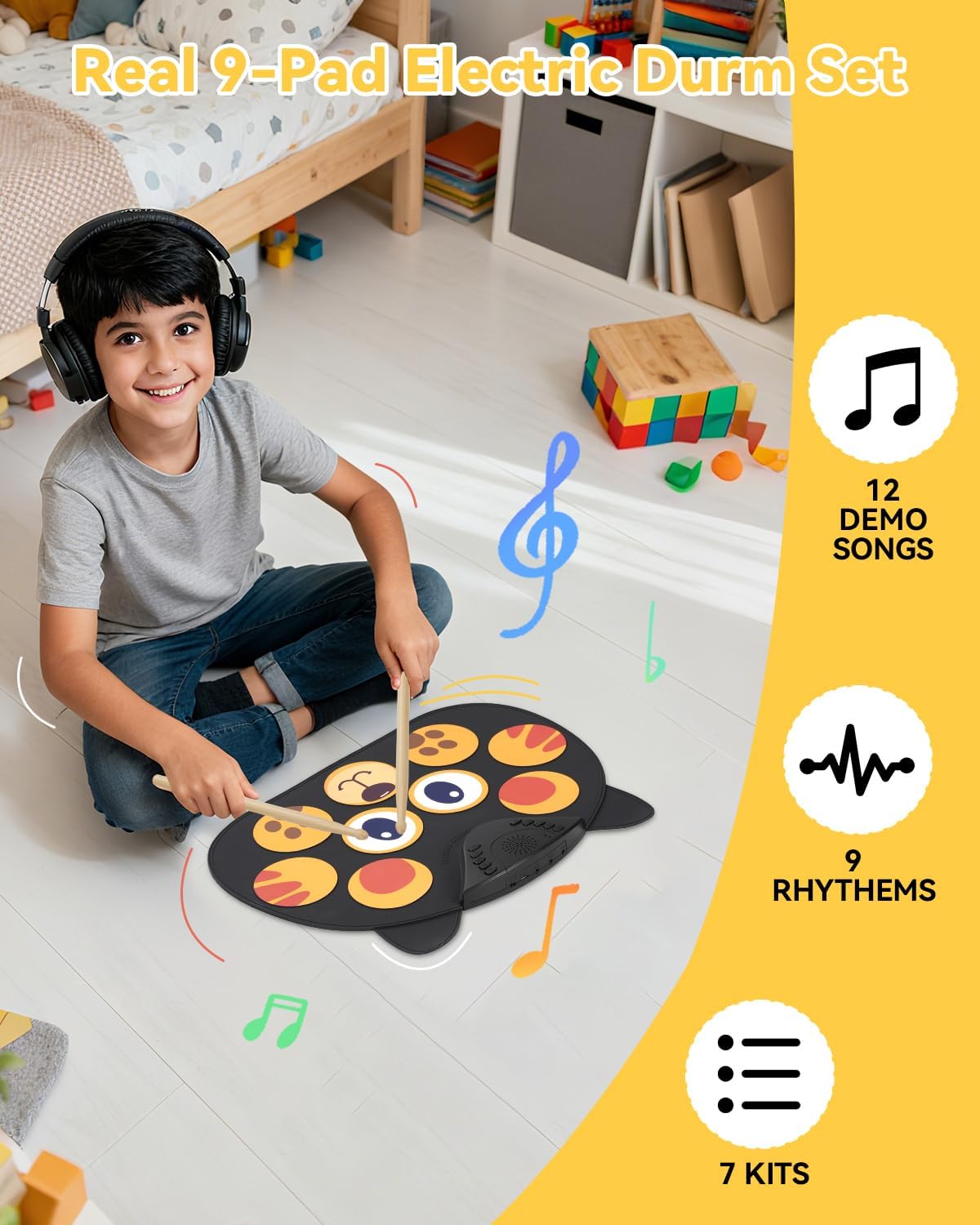 Electric Drum Set for Kids, 9 Pad Roll-up Drum Kit with Built-in Speaker, MIDI, Drum Pedals and Sticks 10 Hours Playtime, Christmas Birthday Gift for Kids 3-14 Years Old -RVONE RED30