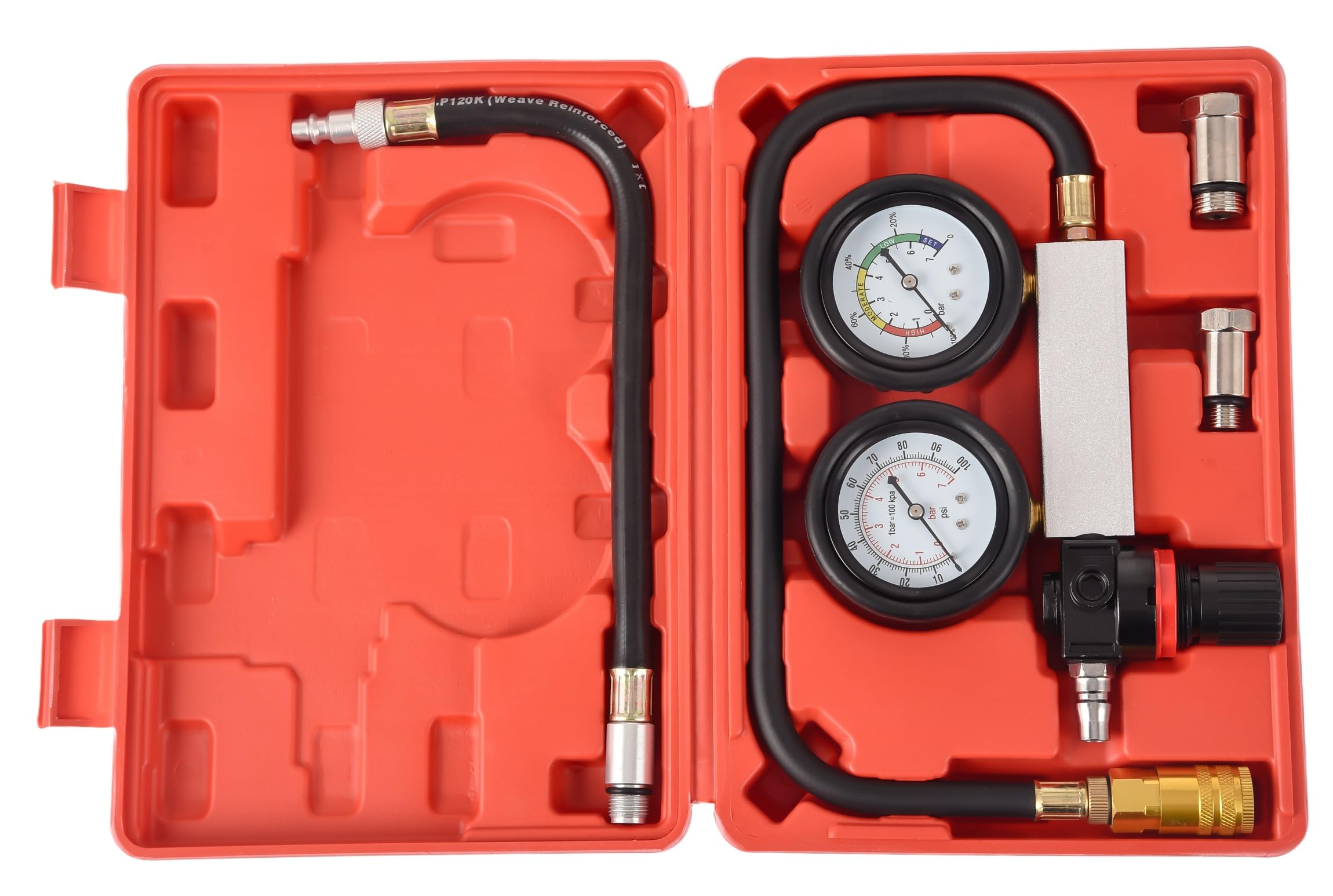 DHA Profi Zylinder Druckverlusttester Set, Druckverlustprüfer für Benzinmotoren, inkl. Adapter M12 x 1,25 & M14 x 1,5, Motordiagnose Prüfgerät für KFZ Werkstatt mit Koffer