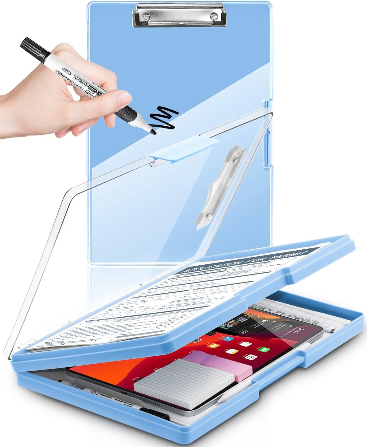 Sunnyclip Clearview Dry Erase Clipboard with Dual Storage - Heavy Duty 8.5x11 Coaches Clipboard, Pen Holder, Aqua Blue