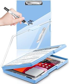 Clearview Clipboard with 2 Storage, Dry Erase 8.5x11 Heavy Duty ClipBoards - High Capacity Coaches Clip Board with Pen Holder - Side Opening Plastic Nursing Clip Case - Aqua Blue