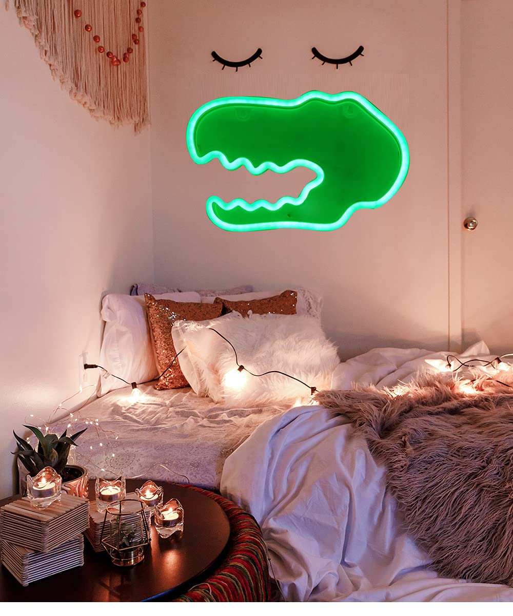 Dinosaur Head Neon Signs Lights Christmas Decor for Kids Wall Art Decor Dino Neon Light for Bedroom Halloween Xmas Valentine's Day Wedding Party Decoration Gifts Operated by USB/AA Battery