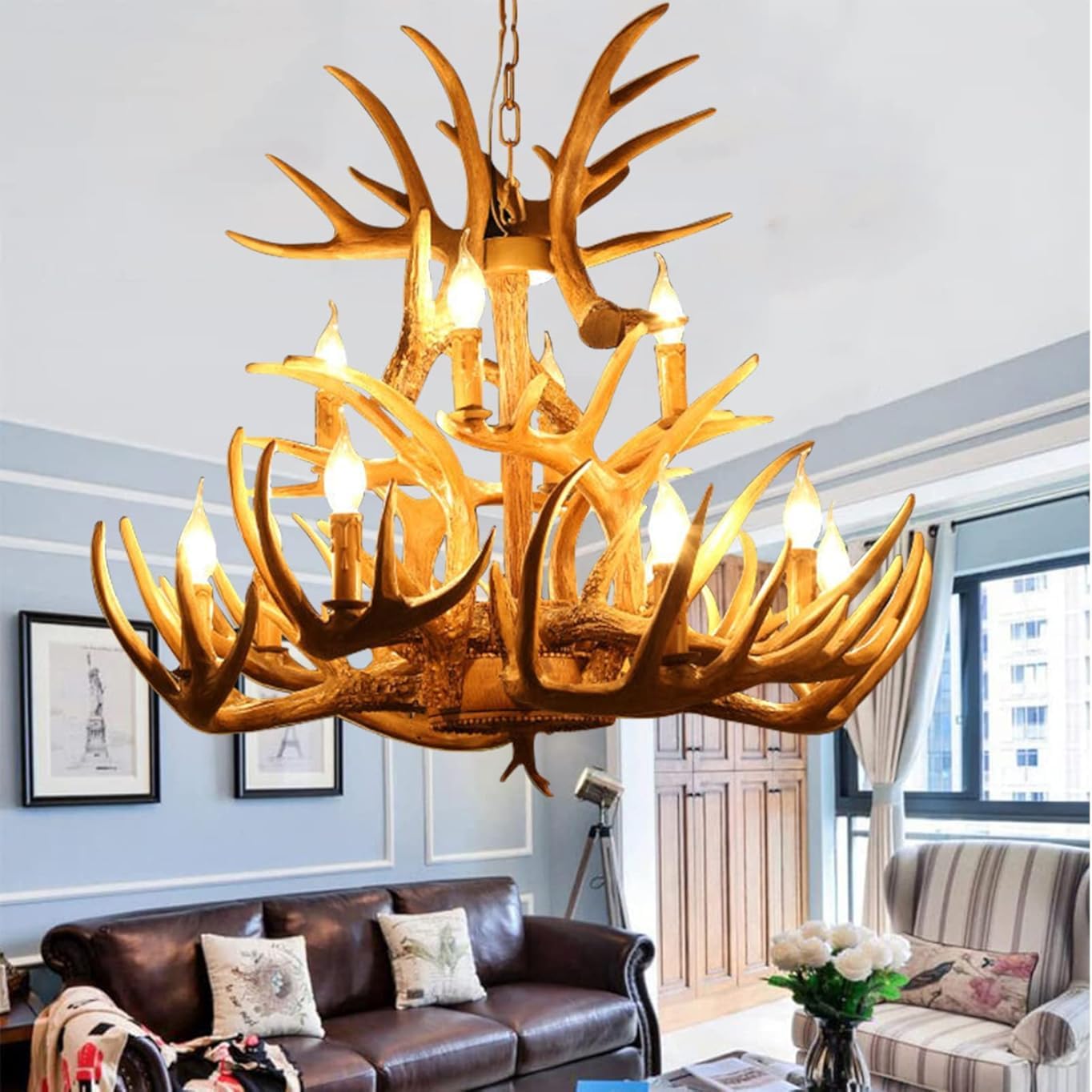 Lustre en bois de cerf grand modèle double couche en résine vintage