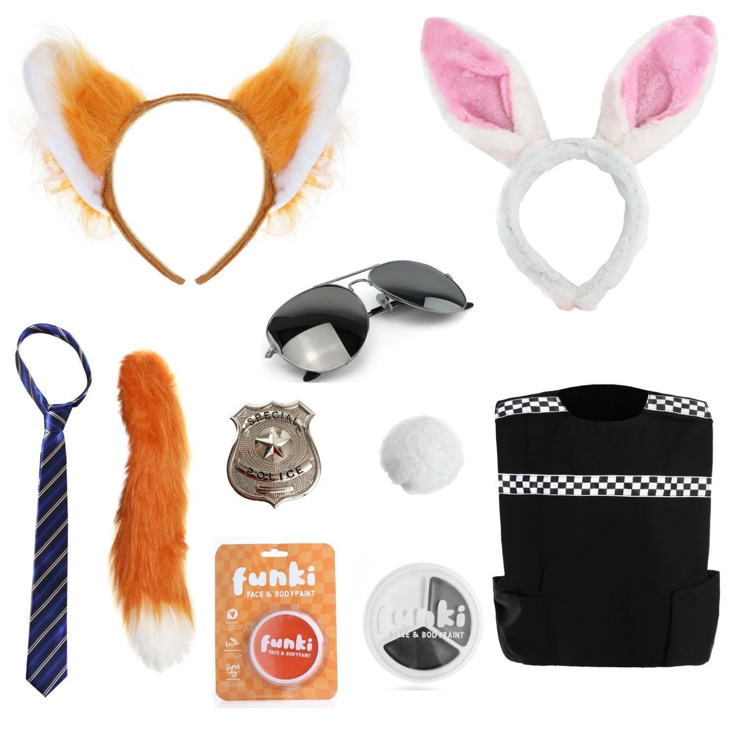 Costume de couple animal de ville pour enfants – Gilet de police, badge de police, oreilles et queue de lapin, oreilles et queue de renard, cravate rayée bleue et beige, maquillage du visage