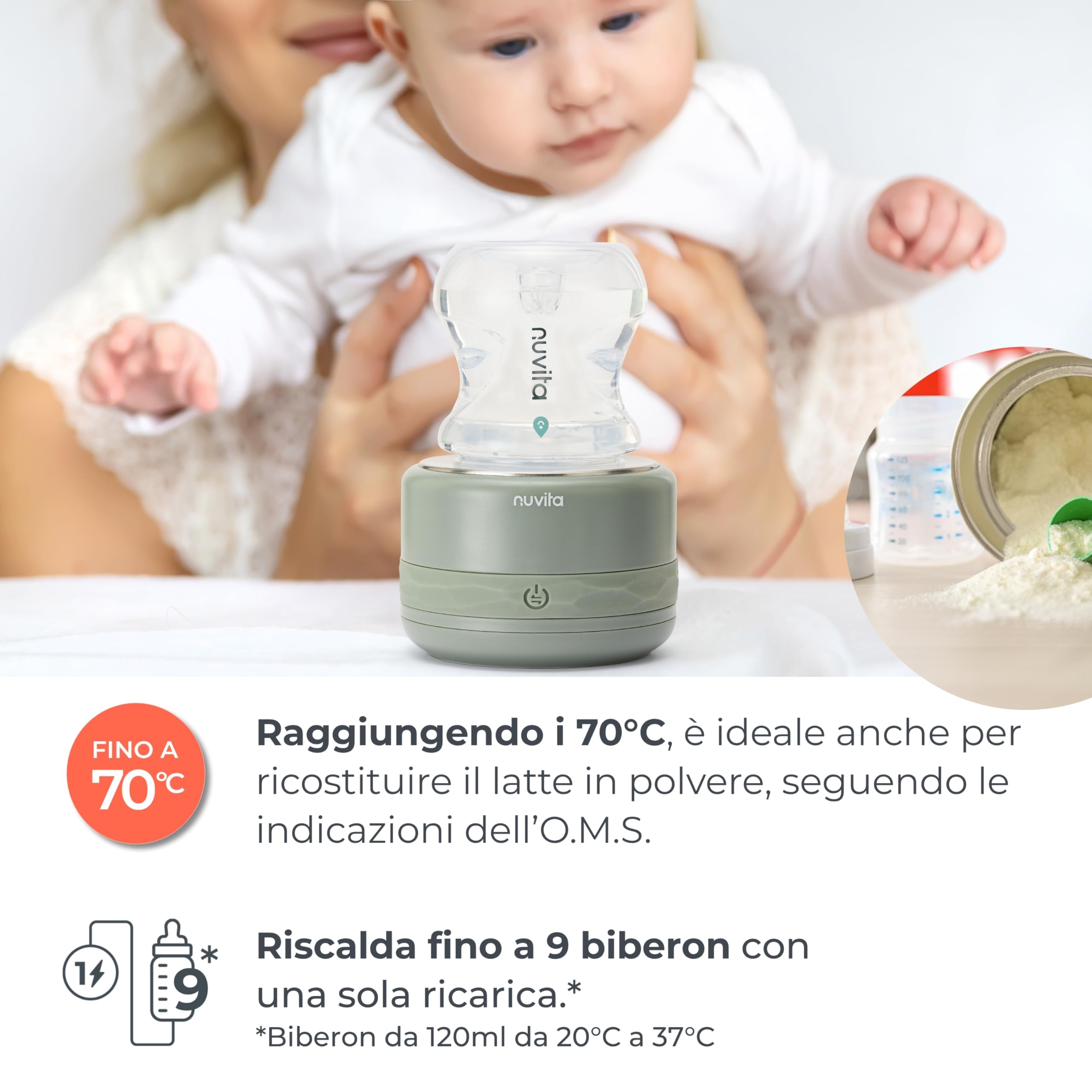 Nuvita 1166 Warm70 Scaldabiberon Portatile Senza Fili 70°C – Ricaricabile USB, Compatibile Universale, 5 Livelli di Temperatura Fino a 70°C, Riscaldamento Rapido 2,5 Min, Mantiene Caldo 6 Ore