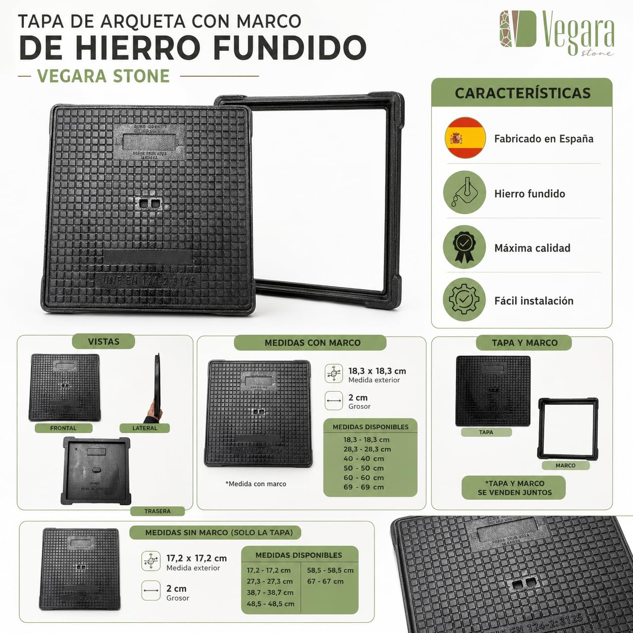 Tapa Arqueta Hierro Fundido 70×70  cm – Clase C250 (Carga máx. 25  toneladas) con Marco, Norma EN124 – Uso Profesional para Vía Pública o Particular