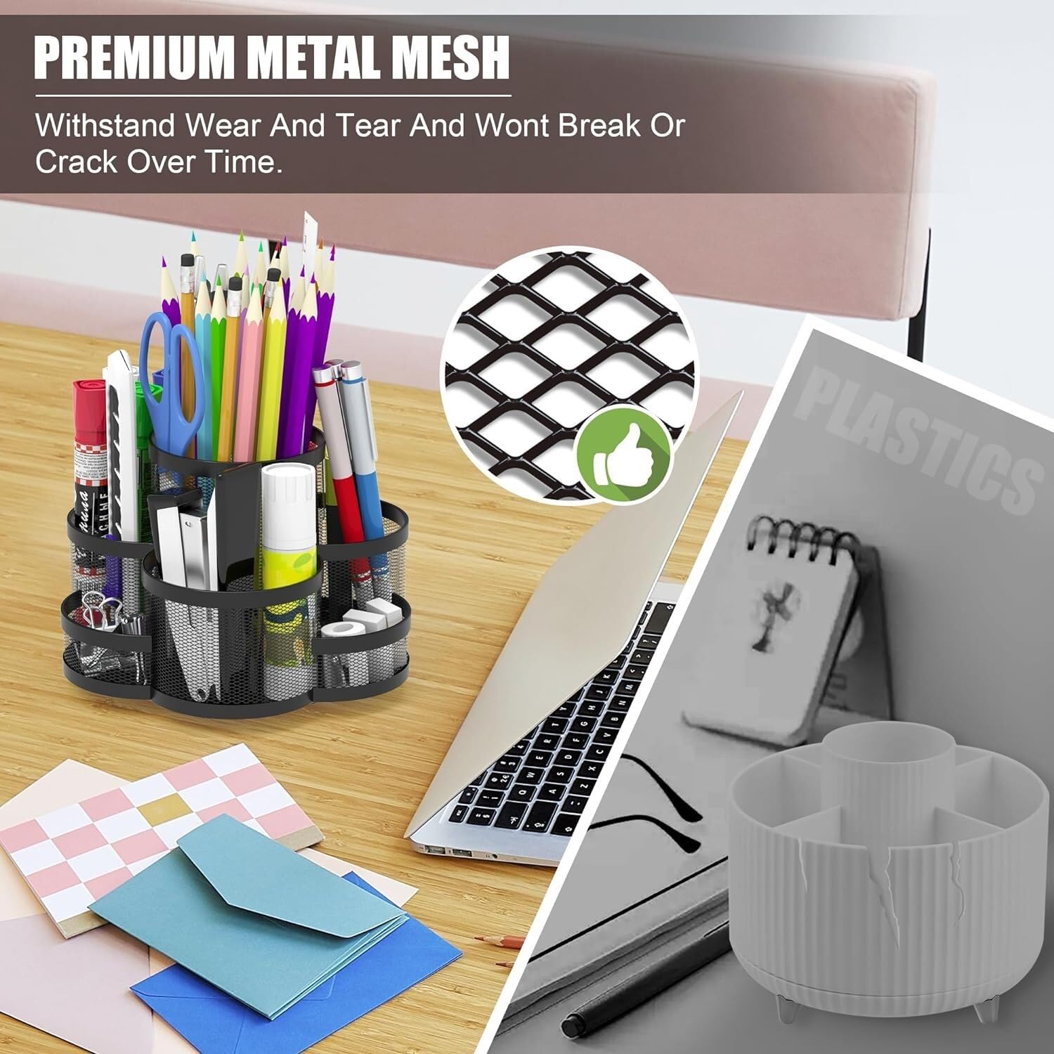 Biurko Organizator Obrotowy Organizer Na Biurko O 360° Do Pisaka Wymazywalny Metalowy Uchwyt Pędzle Makijażu Biuro(White)
