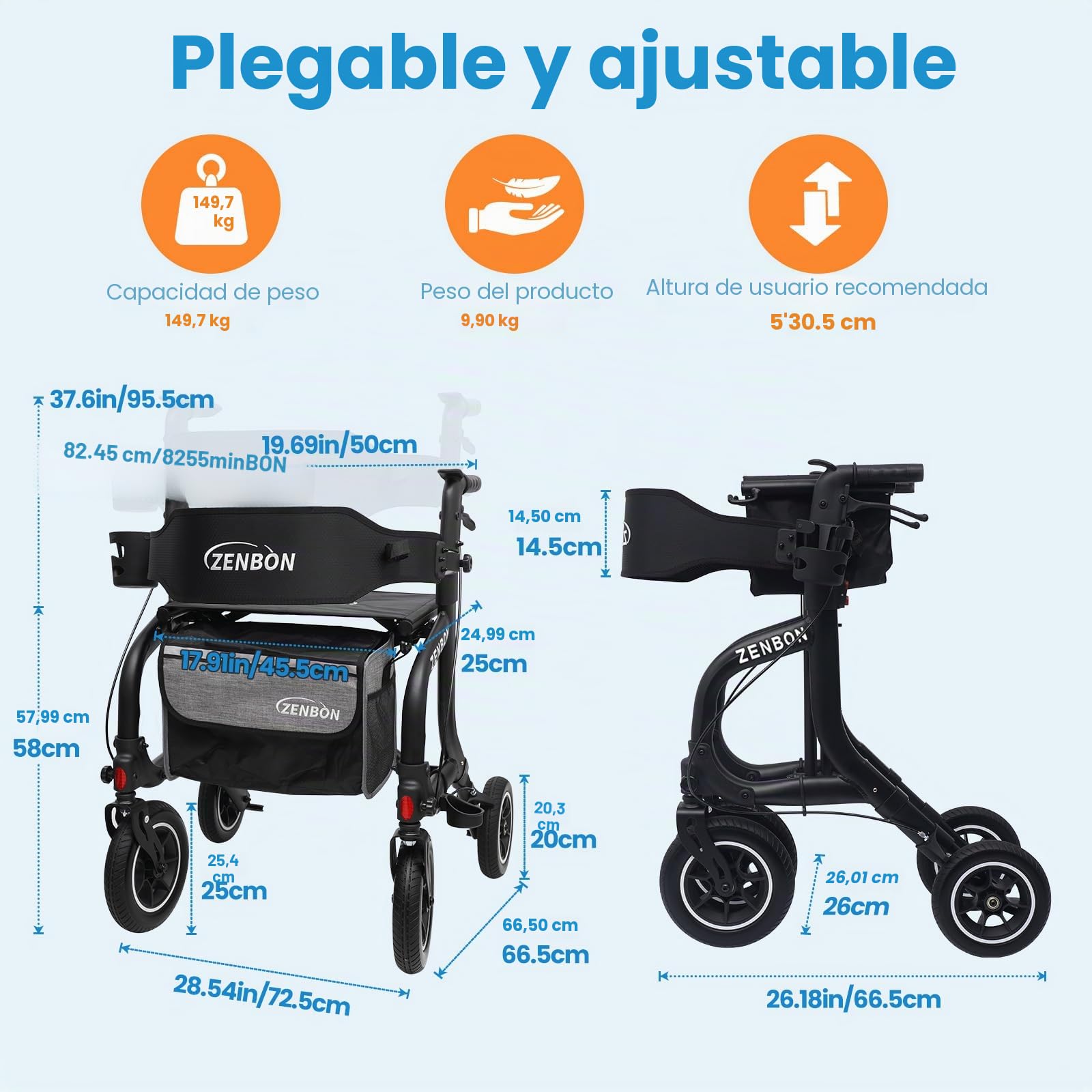 Andador Plegable de Aluminio con Asiento: Andador para Ancianos Adultos Ligero y Plegable de Viaje Altura Ajustable con Soporte para Bastón y Bolsa de Compra Extraíble (Negro)