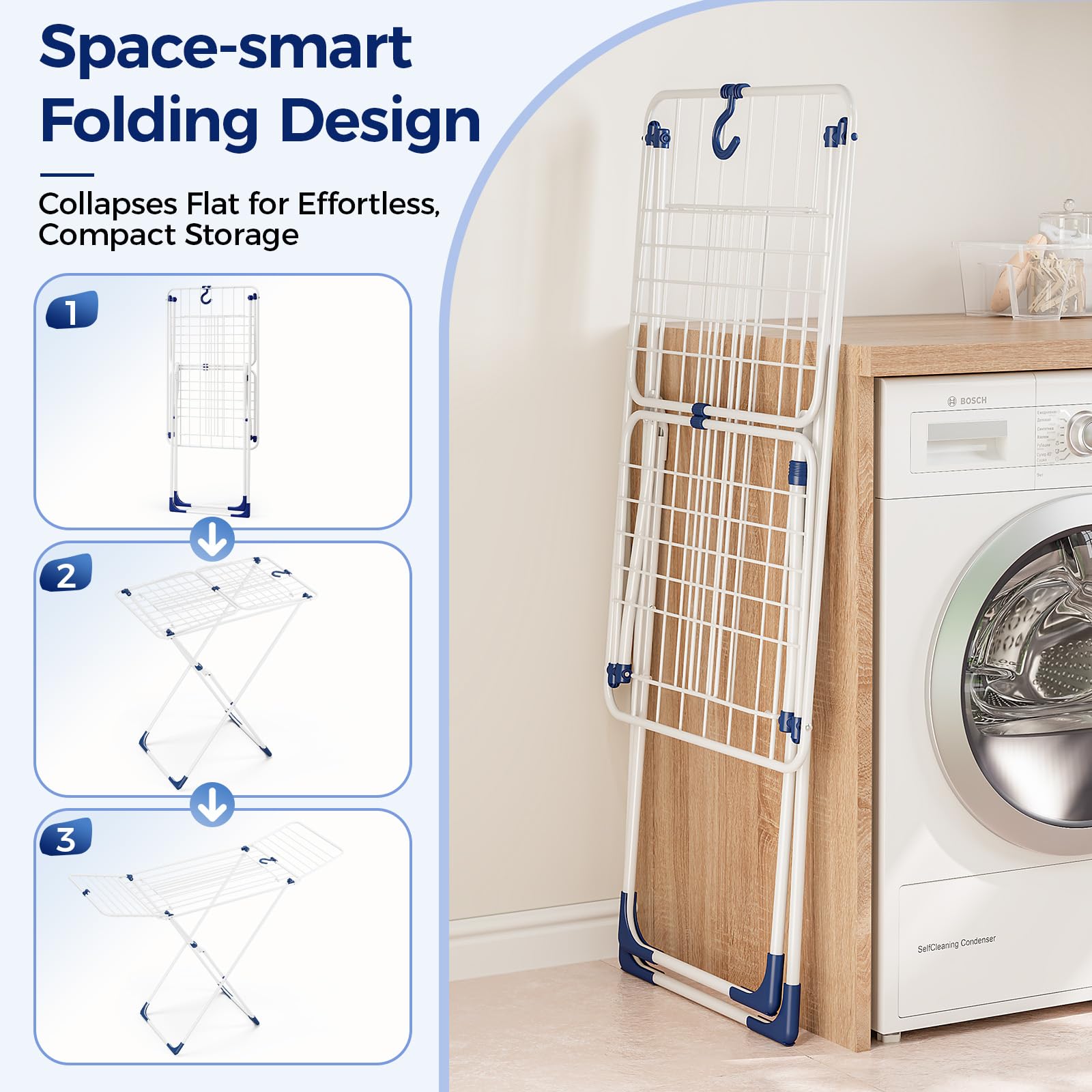 SYKIARIOL Wäscheständer, Wäscheständer Platzsparend mit rutschfesten Füßen, klappbarer Flügelwäschetrockner für Bettwäsche und Kleidung, ideal für Wohnung, Balkon & Garten, Weiß (Blau)