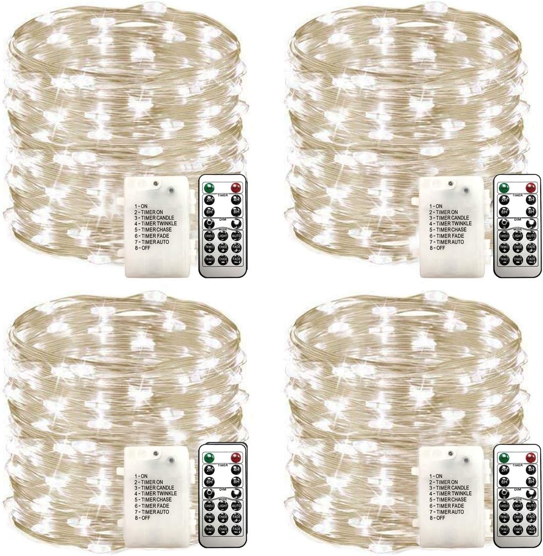 WSgift 4 Pack 33Ft 100 Cool White Led Fairy Lights Battery Operated