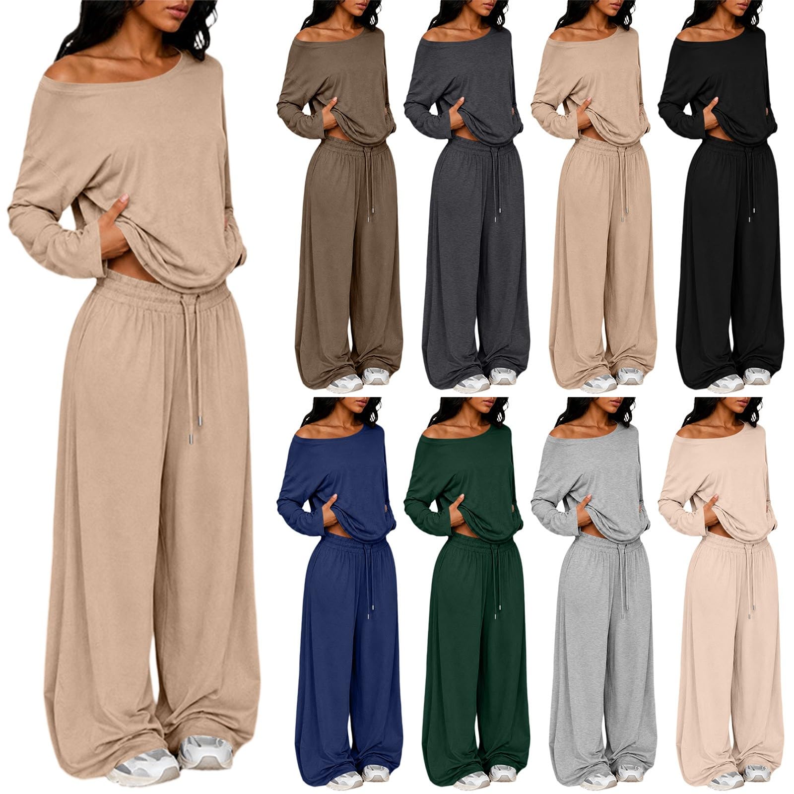 Ladies Khaki Two Piece Trouser Sets with Loose Long Sleeve Top