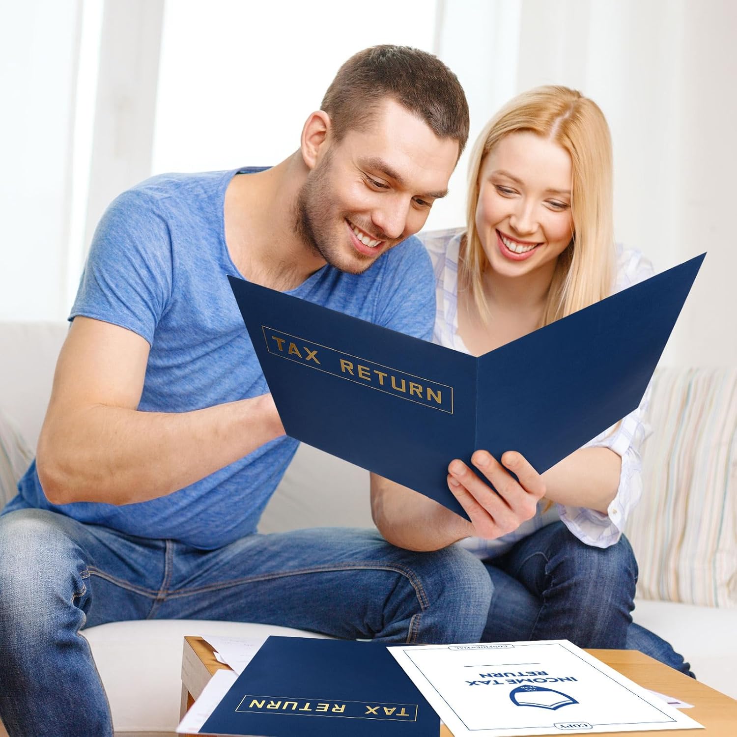 Kosiz 96 Pcs Tax Return Folders and Tax Return Envelopes Bulk 9 x 12 Inch 2 Pocket Blue Gold Foil Text Income Returns Folder with Envelopes for Preparers Clients Storing Handling Personal and Customer