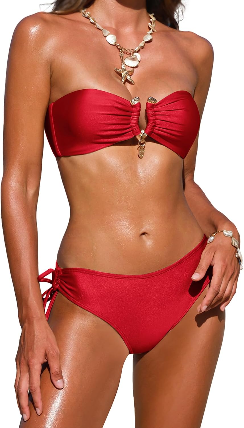 ZAFUL Bikini Sets for Women Bandeau Top Tie Back Glitter Two Piece Swimsuits High Cut Tie Side Bottom Shiny Bathing Suits