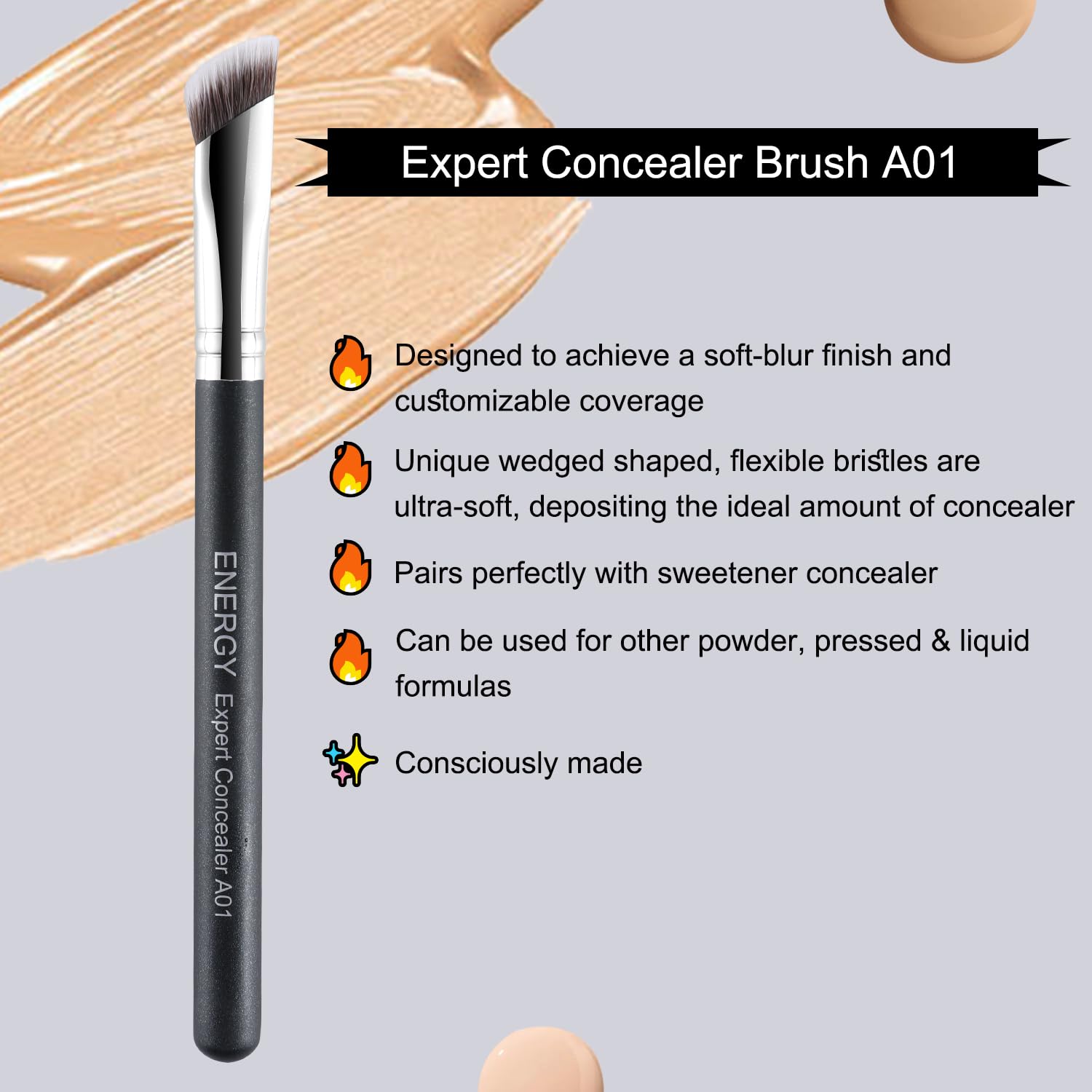 ENERGY Concealer Brush Under Eye Angled Nose Contour Brush for Powder Foundation Eyeshadow Concealer with Liquid Cream Powder Concealing Blending Contouring Triangled Vegan Face Brush Large, Black