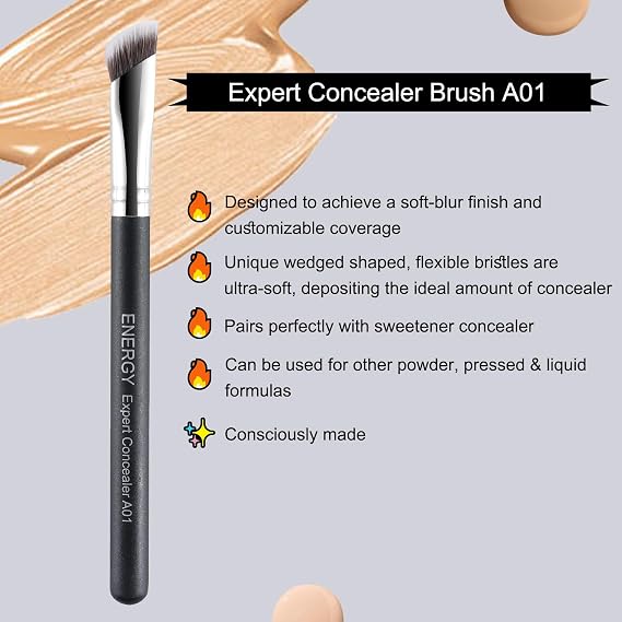 ENERGY Concealer Brush Under Eye Angled Nose Contour Brush for Powder Foundation Eyeshadow Concealer with Liquid Cream Powder Concealing Blending Contouring Triangled Vegan Face Brush Large, Black