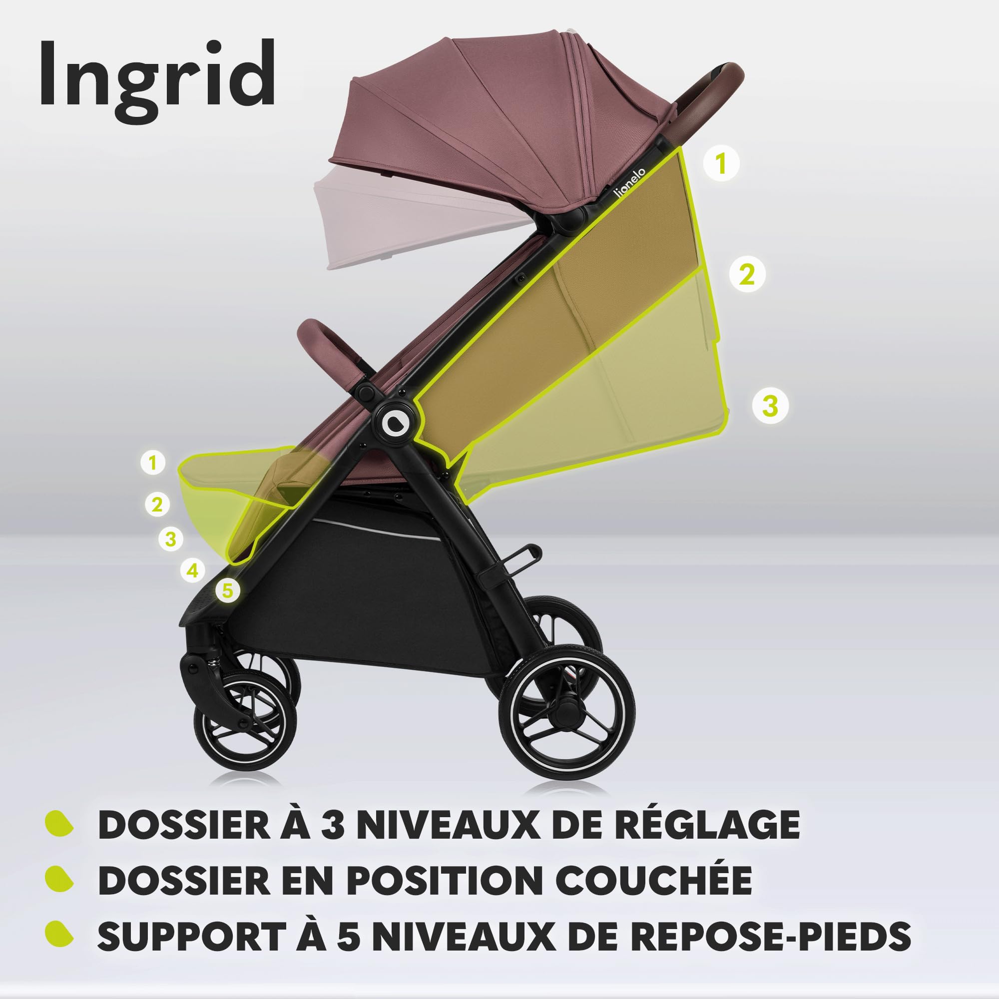 LIONELO INGRID Poussette 22 kg 6 mois-4 ans Grandes roues pivotantes 360° Suspension totale Pliable d'une seule main Dossier et repose-pieds réglables Auvent XXL Pink