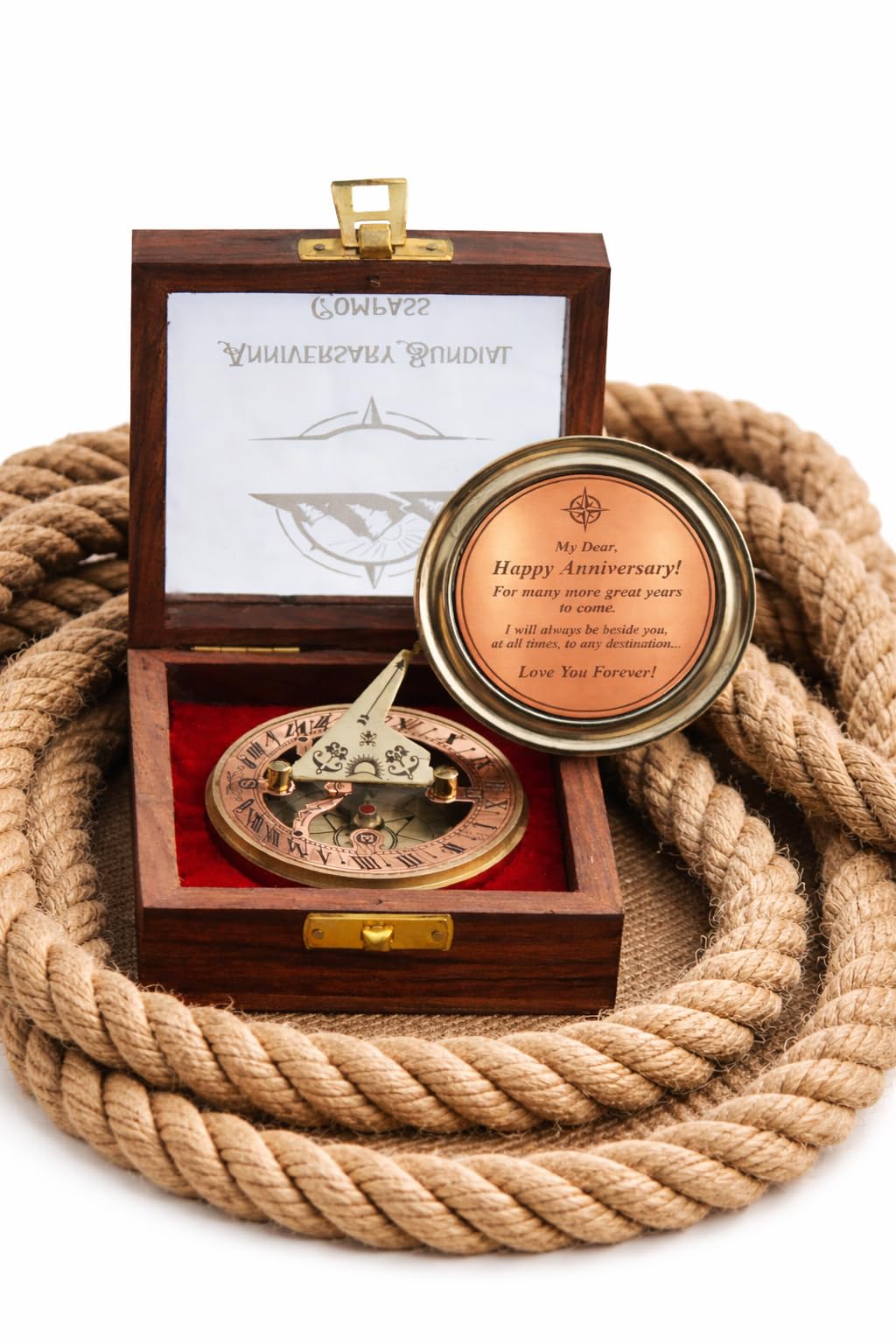 Anniversary Sundial Compass Gift for Him or Her - Keepsake for Husband, Wife or Couple, Men Wedding Anniversary 50th 40th 25th 20th Year Love Celebration. (Anniversary Sundial - Wooden Box)