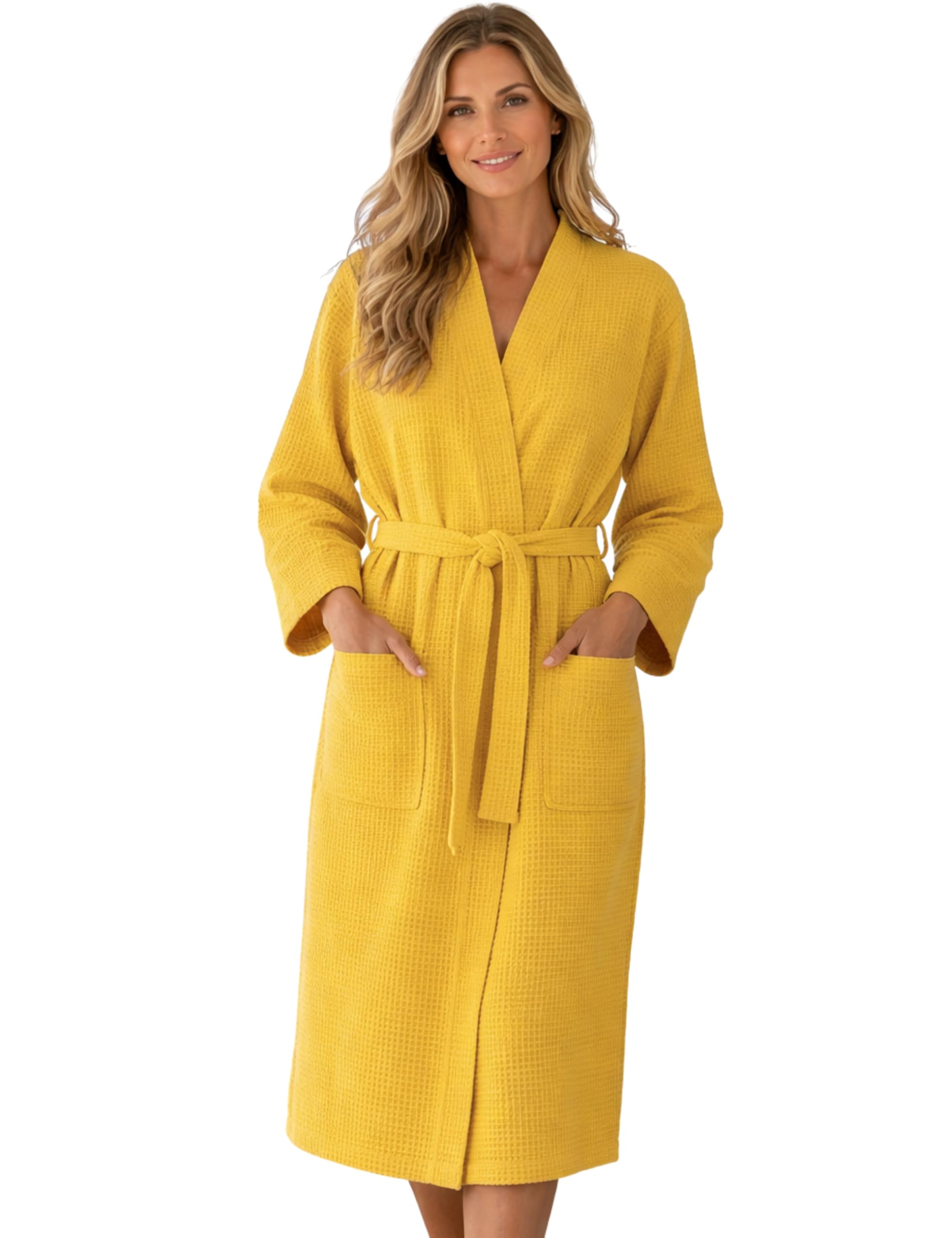Morgenstern Paula Women's Lightweight Bathrobe 100% Cotton Oeko-Tex Waffle Fabric Waffle Pique Waffle Pattern, mustard yellow, M