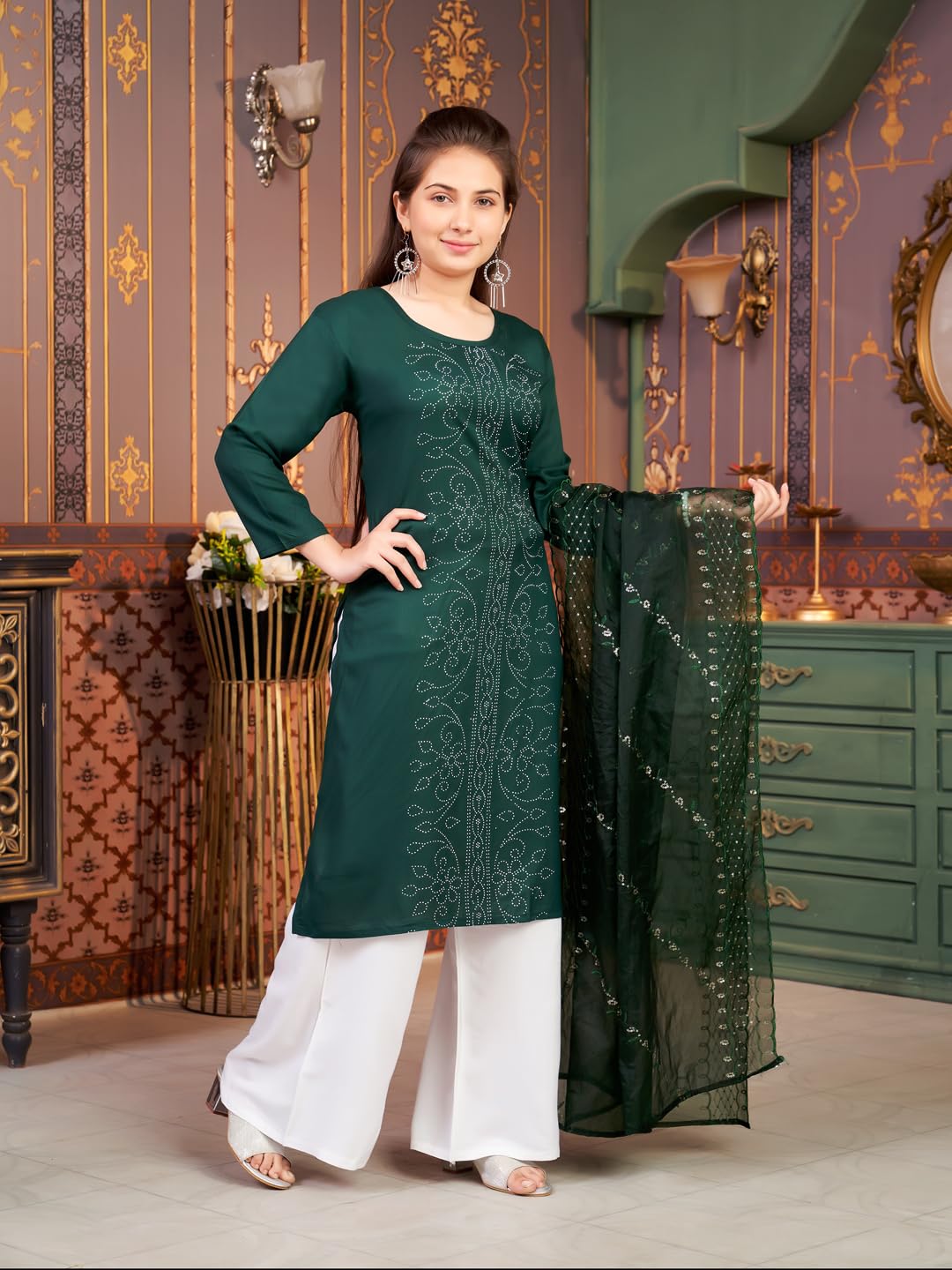 Aarika Girls Ethnic Wear Dark Green Colour Embellished Rayon Kurti-8-15 Years (Kurti-Tr-K-904)