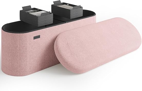 Storage Ottoman Bench, 43 Inch Storage Bench for Bedroom End of Bed, Foldable Large Ottoman Foot Rest, Entryway Benches, Boucle Oval Organizer Chest Max 660lbs, Pink