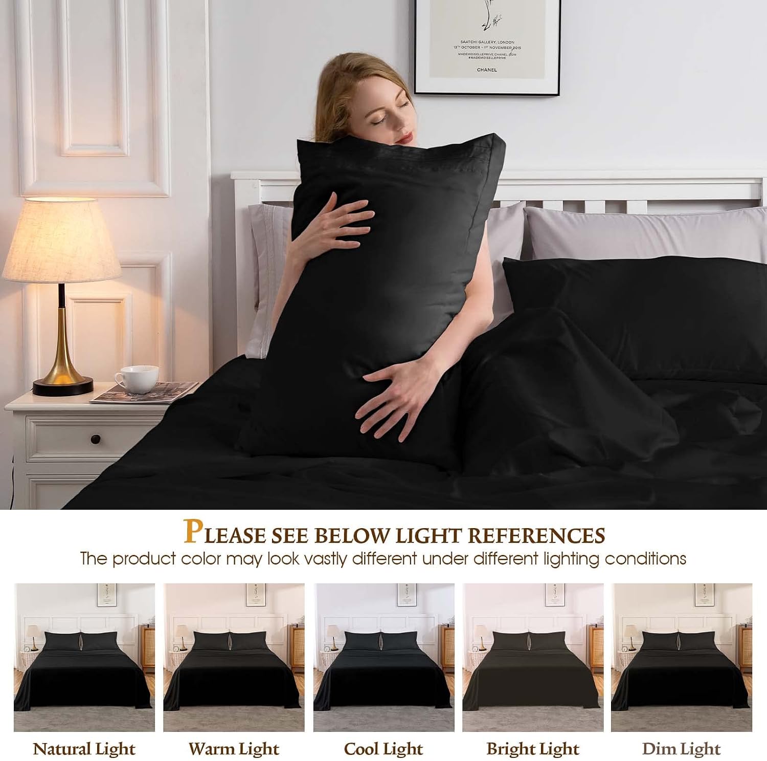 Queen Sheets Set, Ultra Soft Sheets for Queen Size Bed Deep Pockets, Bed Sheets Queen, Comfy Bedsheets Queen Sheet Set, Wrinkle Free 4Pcs -1 Fitted Sheet, 1 Flat Sheet, 2 Pillowcases(Queen, Black)