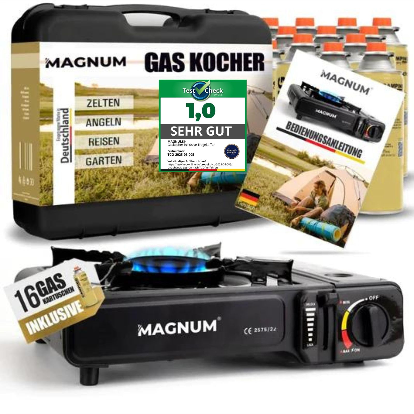 Magnum® Gaskocher [inkl. 16x Gaskartuschen] – Campingkocher [Notfall Ausrüstung ] – Gaskocher mit Kartusche - Campingkocher mit Gaskartusche (16 Kartuschen)