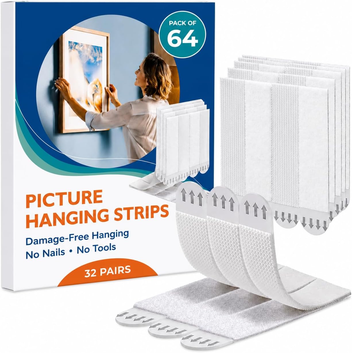 Large Picture Hanging Strips Heavy Duty - 40x Strips(20 Pairs), Wall Hanging Advesive Strips for Damage-Free Picture Hanger, Mounting of Photos, Frames, and Wall Décor