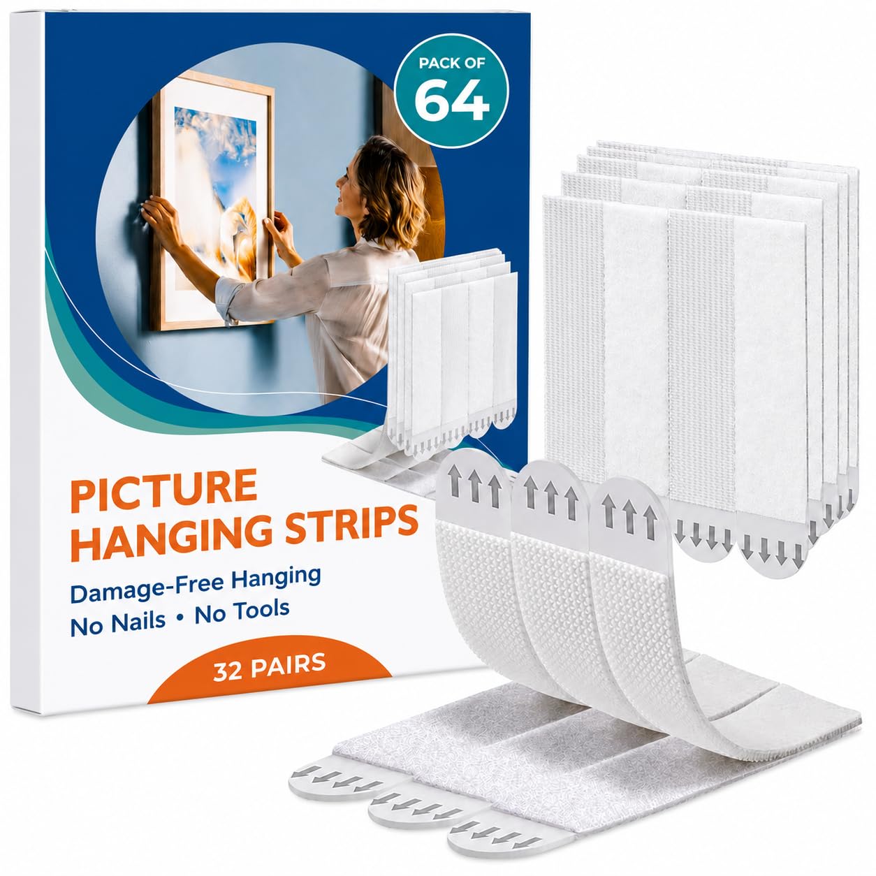 Picture Hanging Strips Heavy Duty - 64x Strips(32 Pairs), Wall Hanging Adhesive Strips for Damage-Free Picture Hangers Without Nails and Frame Mounting