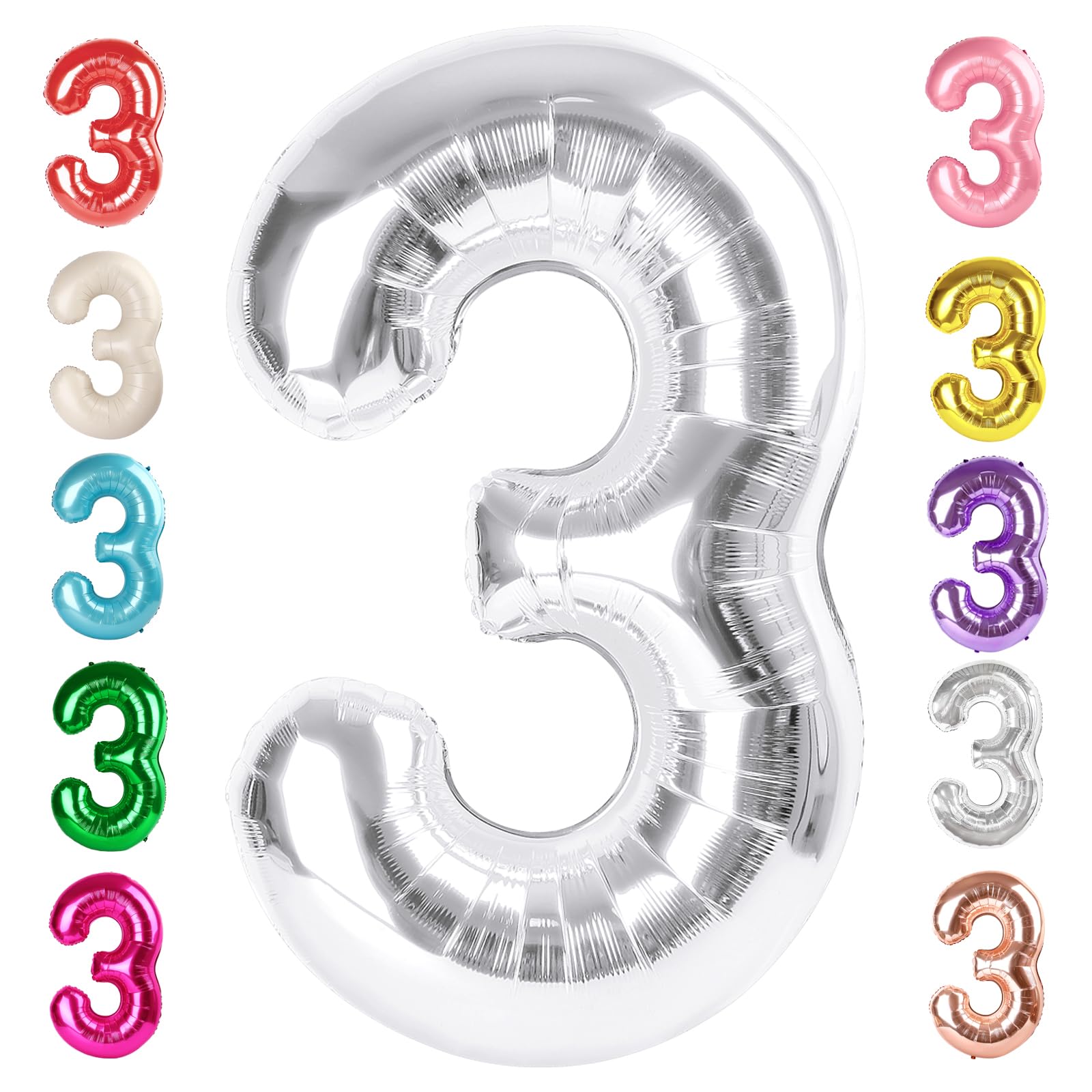 Numbers Balloon 3, 40 Inch Large Silver Balloon for Three Year Old Birthday Decor, 3 13 30 31 Birthday Party Decorations for Wedding Supplies