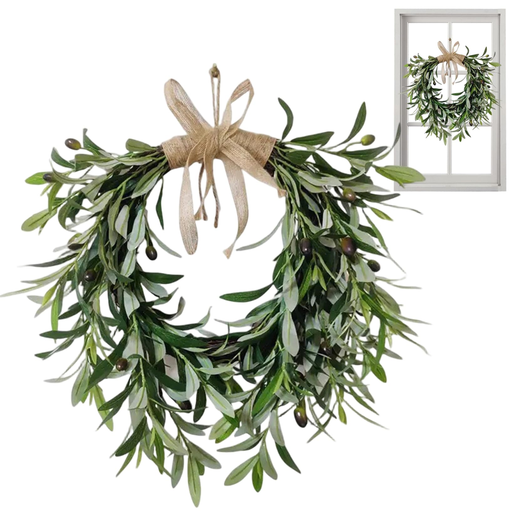 Couronne verdure artificielle 20 pouces haut de gamme et son grand nœud rustique en jute