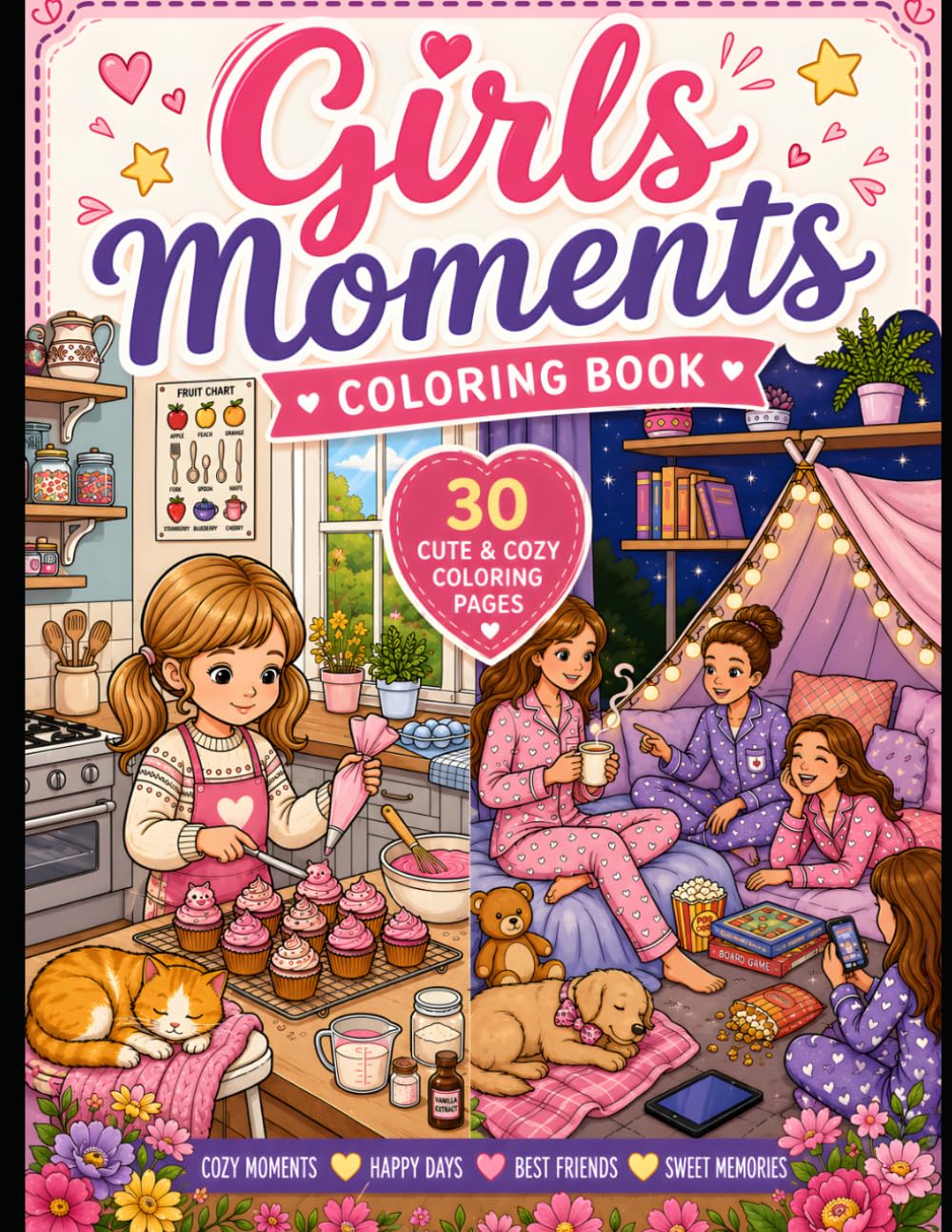 Girls Moments Coloring Book | 30 Cute & Cozy Coloring Pages for Girls | Fun, Relaxing, and Heartwarming Scenes: Adorable Girls' Everyday Adventures ... Pets, and Cozy Moments , for age 6-12
