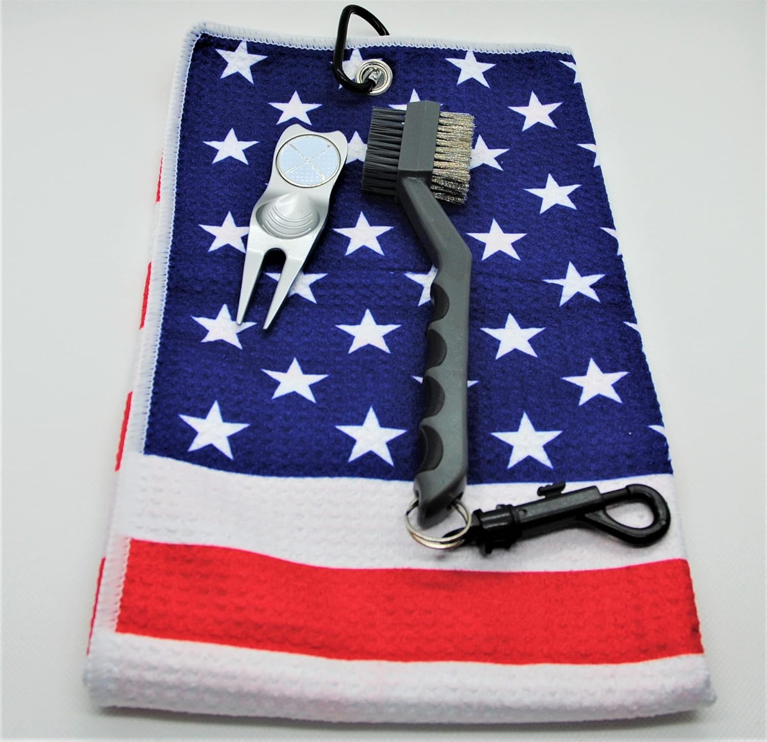 ADVANTAGE-YOU Golf Club Brush & Groove Cleaner with Clip, Metal Divot Tool, and Microfiber Towel with Clip (Red, White, Blue)