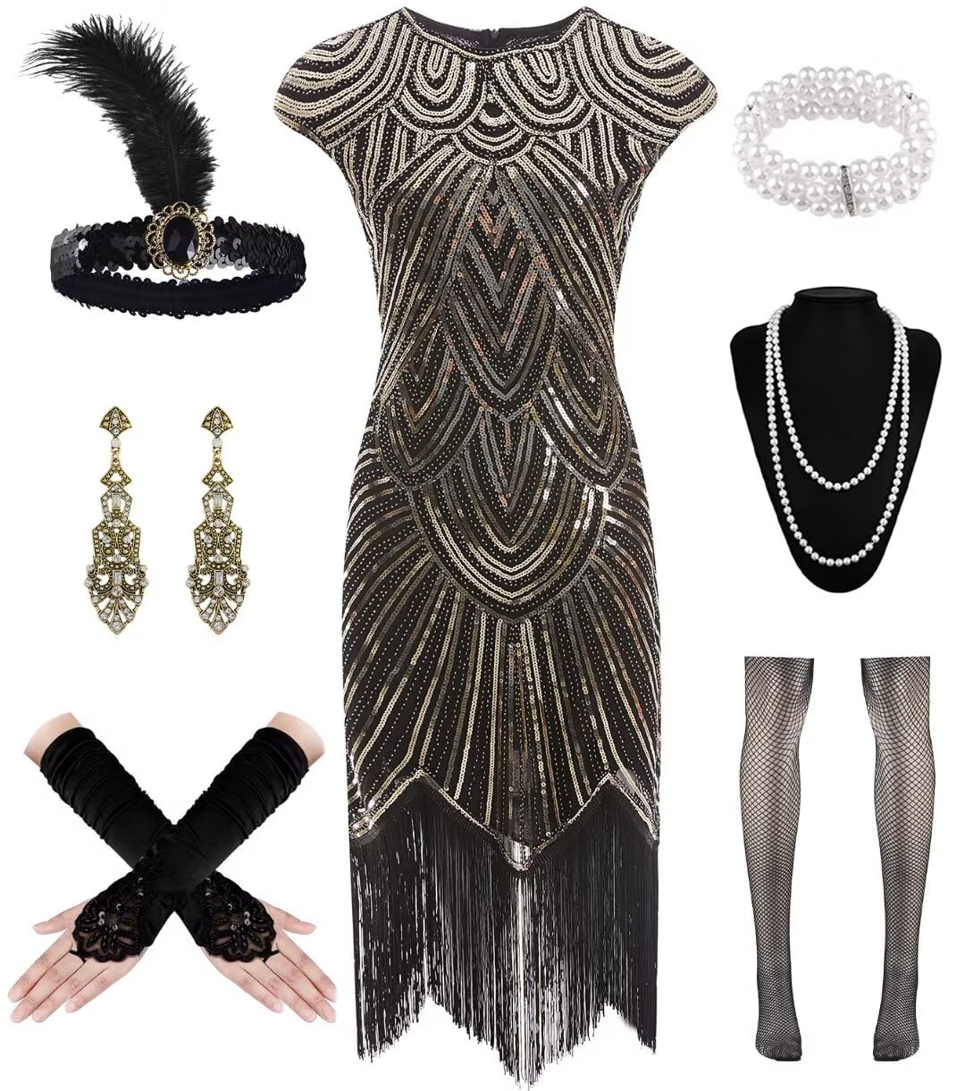 1920s Dresses for Women, Flapper Dress with Sequins Beaded Fringed Mesh Stockings, 20s Accessories Mafia Costume Ladies