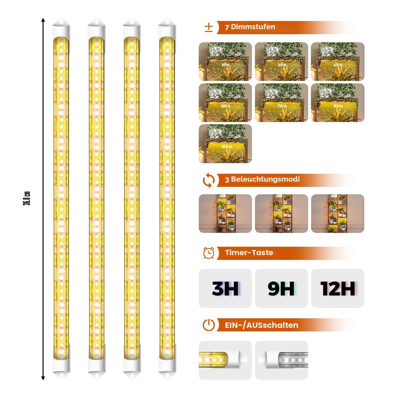 Bamworld Blumenständer mit Pflanzenlampe, 8-stöckiges Pflanzenregal aus Holz mit LED Grow Light, Pflanzenständer für Innenbereich, moderner Blumenhocker für Wohnzimmer & Balkon